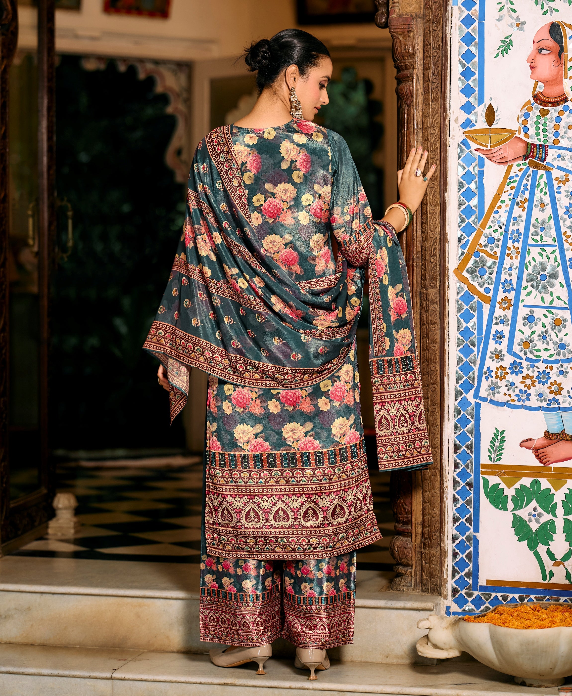 Her Couture Women's Multicolor Chinon Chiffon Pakistani Printed Pakistani Style Kurta With Palazzo & Printed Dupatta
