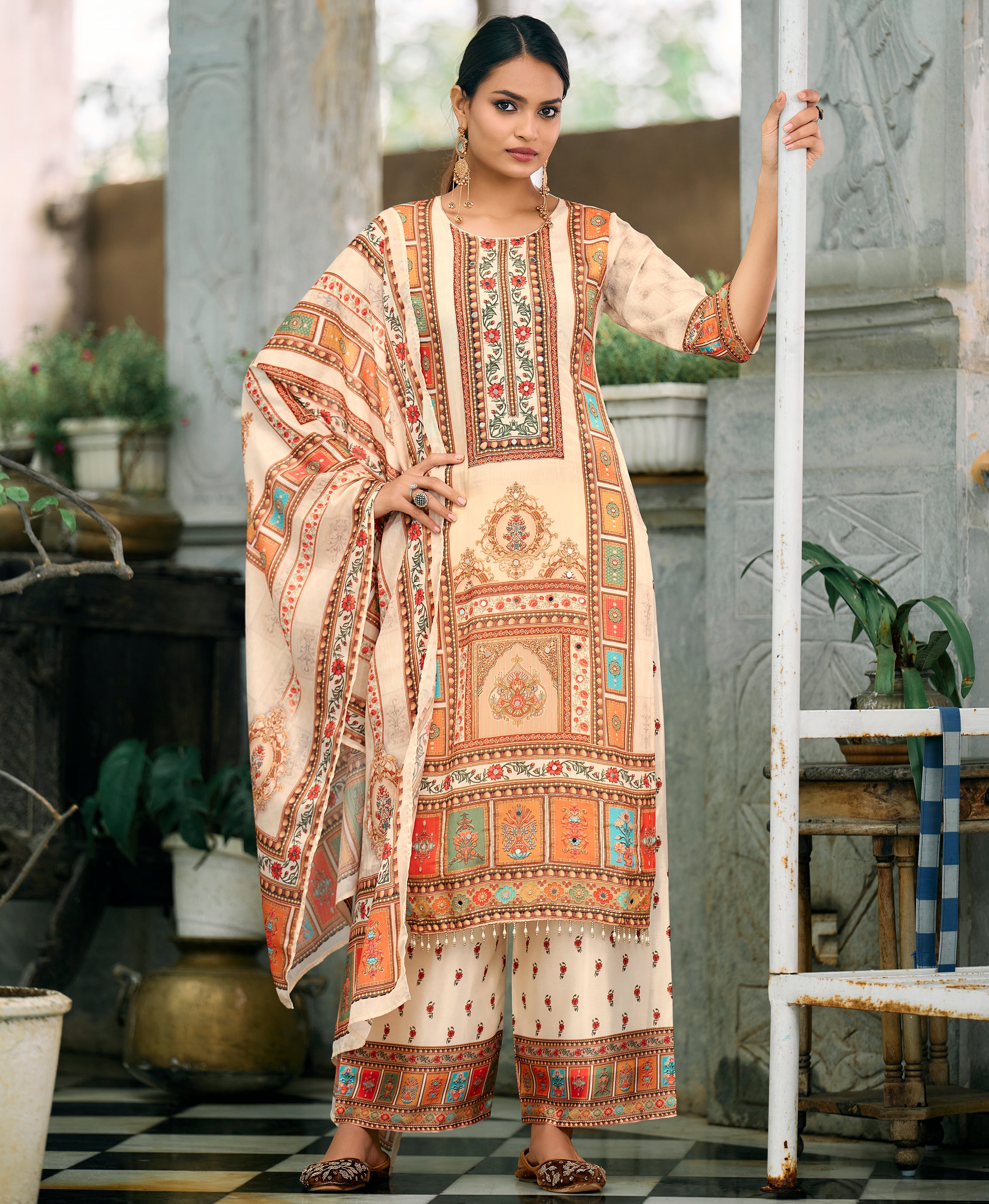 Cream Chinon Chiffon Pakistani Style Festive & Party Kurta Set By Her Couture