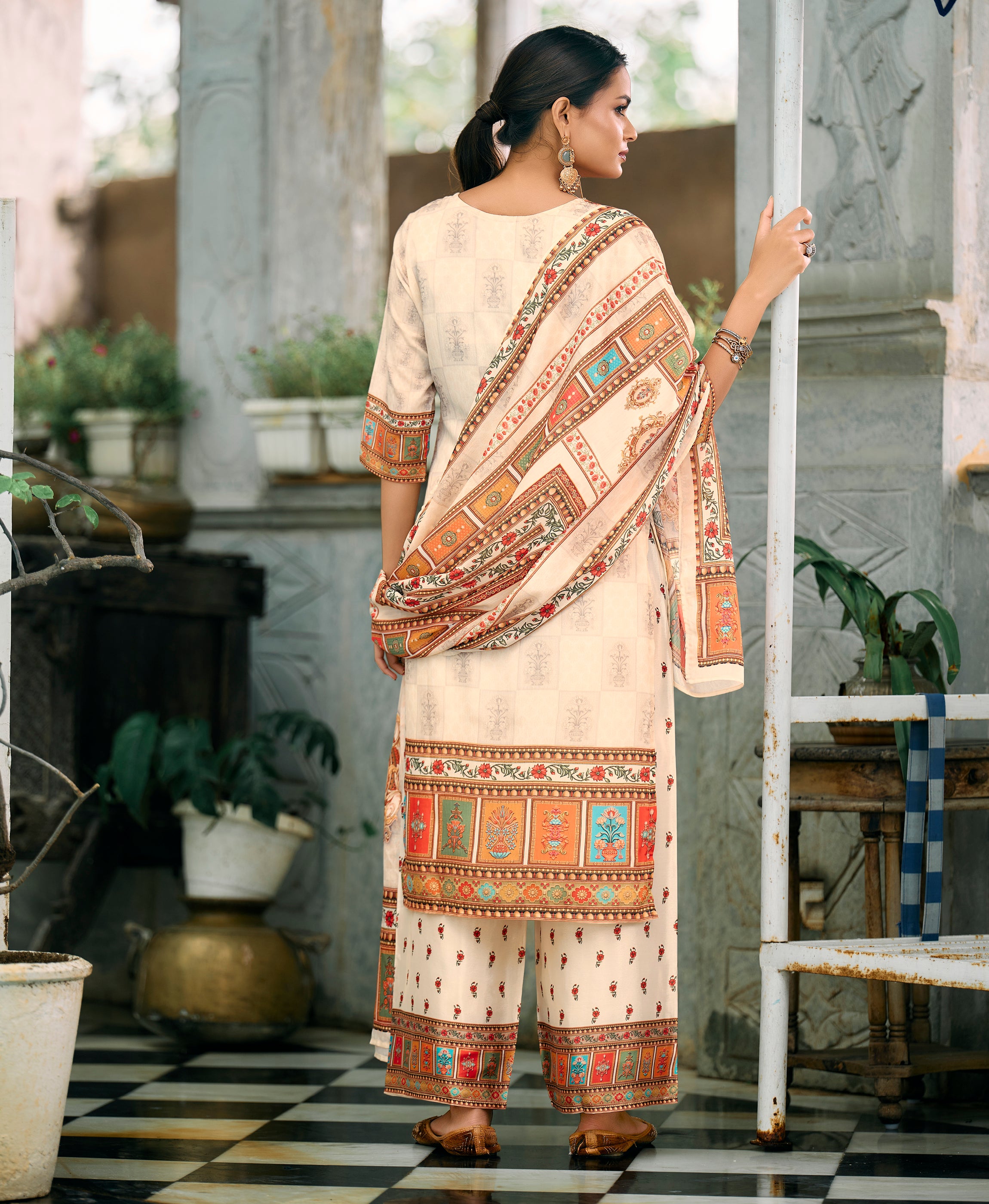 Her Couture Women's Cream Chinon Chiffon Pakistani Printed Pakistani Style Kurta With Palazzo & Printed Dupatta