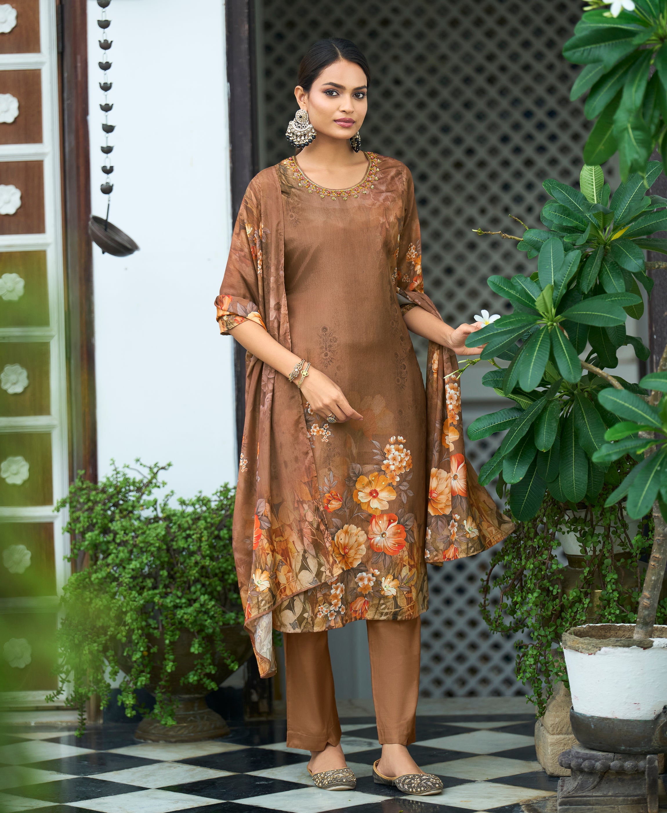 Brown Chinon Chiffon Straight Festive & Party Kurta Set by Her Couture