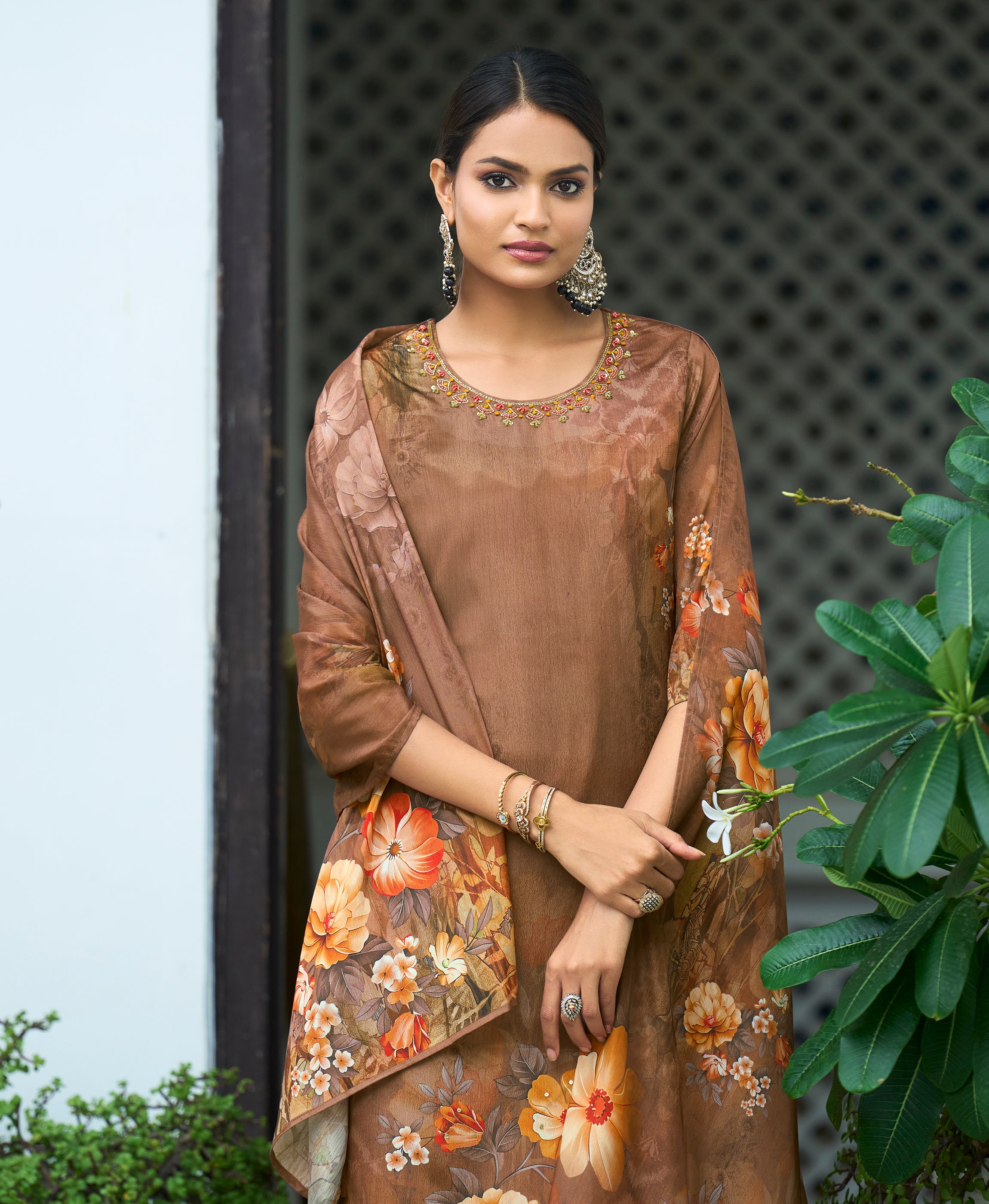 Her Couture Women's Brown Chinon Chiffon Floral Printed Straight Kurta With Pant & Printed Dupatta