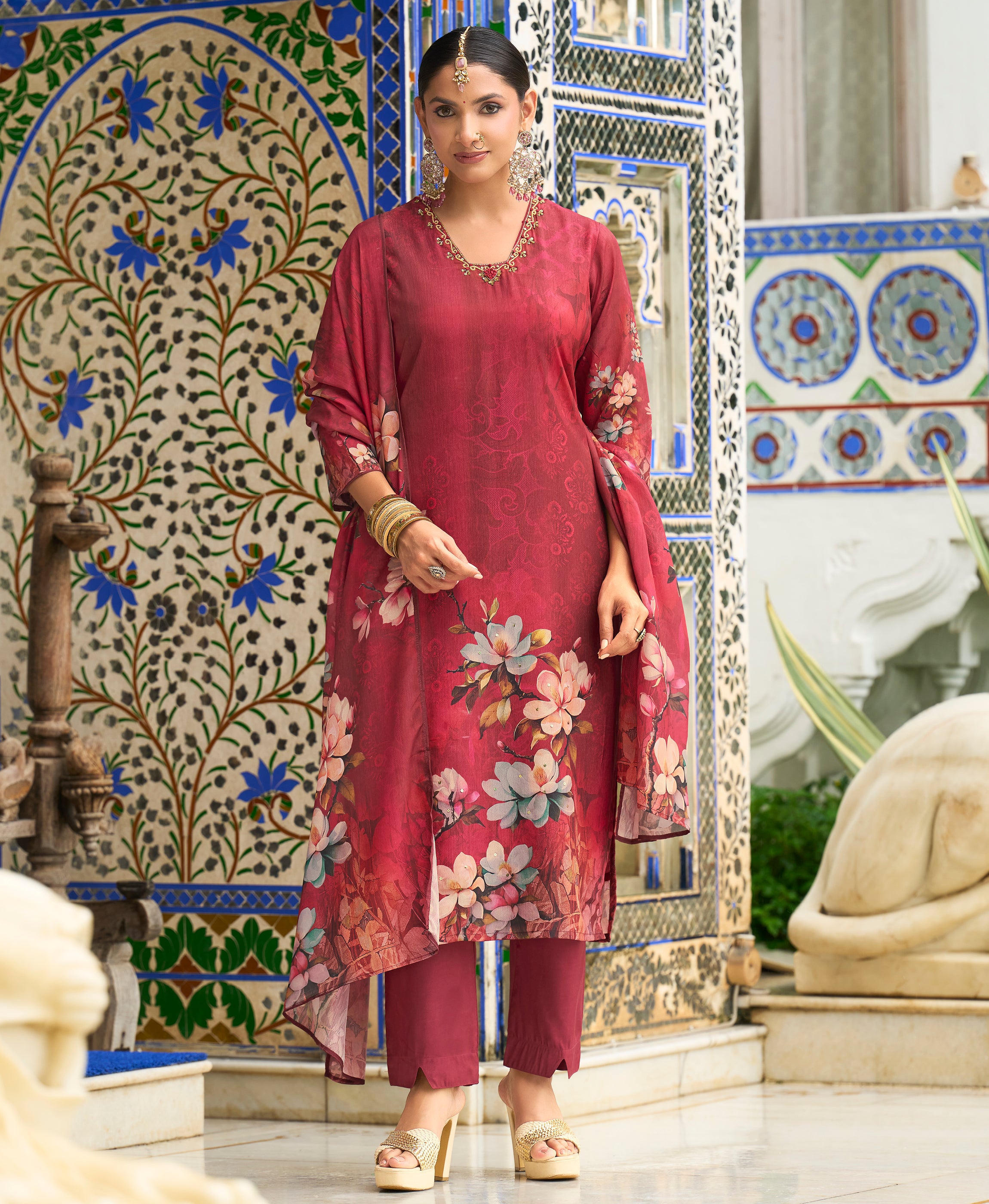Maroon Chinon Chiffon Straight Festive & Party Kurta Set by Her Couture