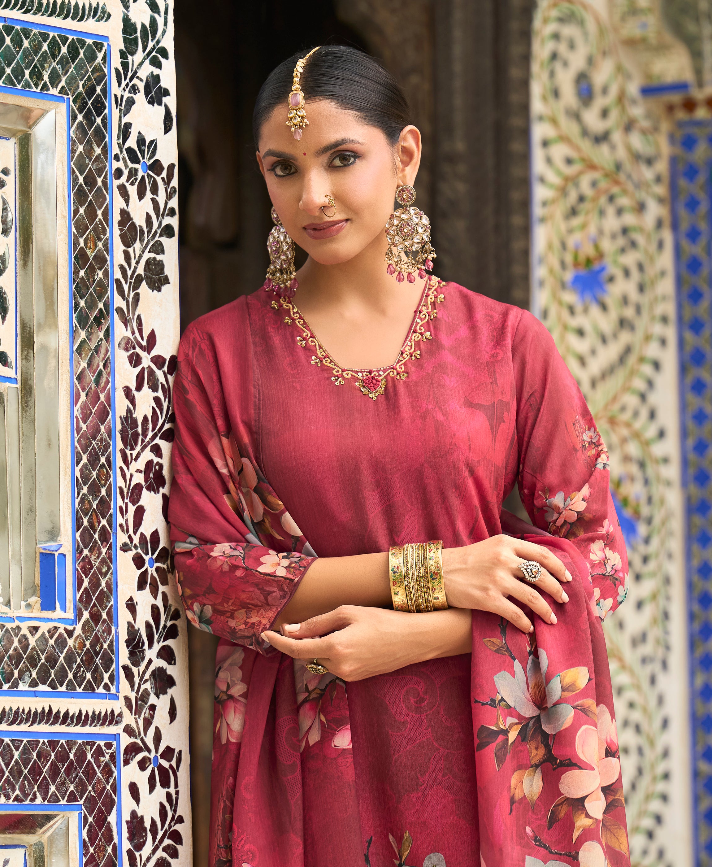Her Couture Women's Maroon Chinon Chiffon Floral Printed Straight Kurta With Pant & Printed Dupatta