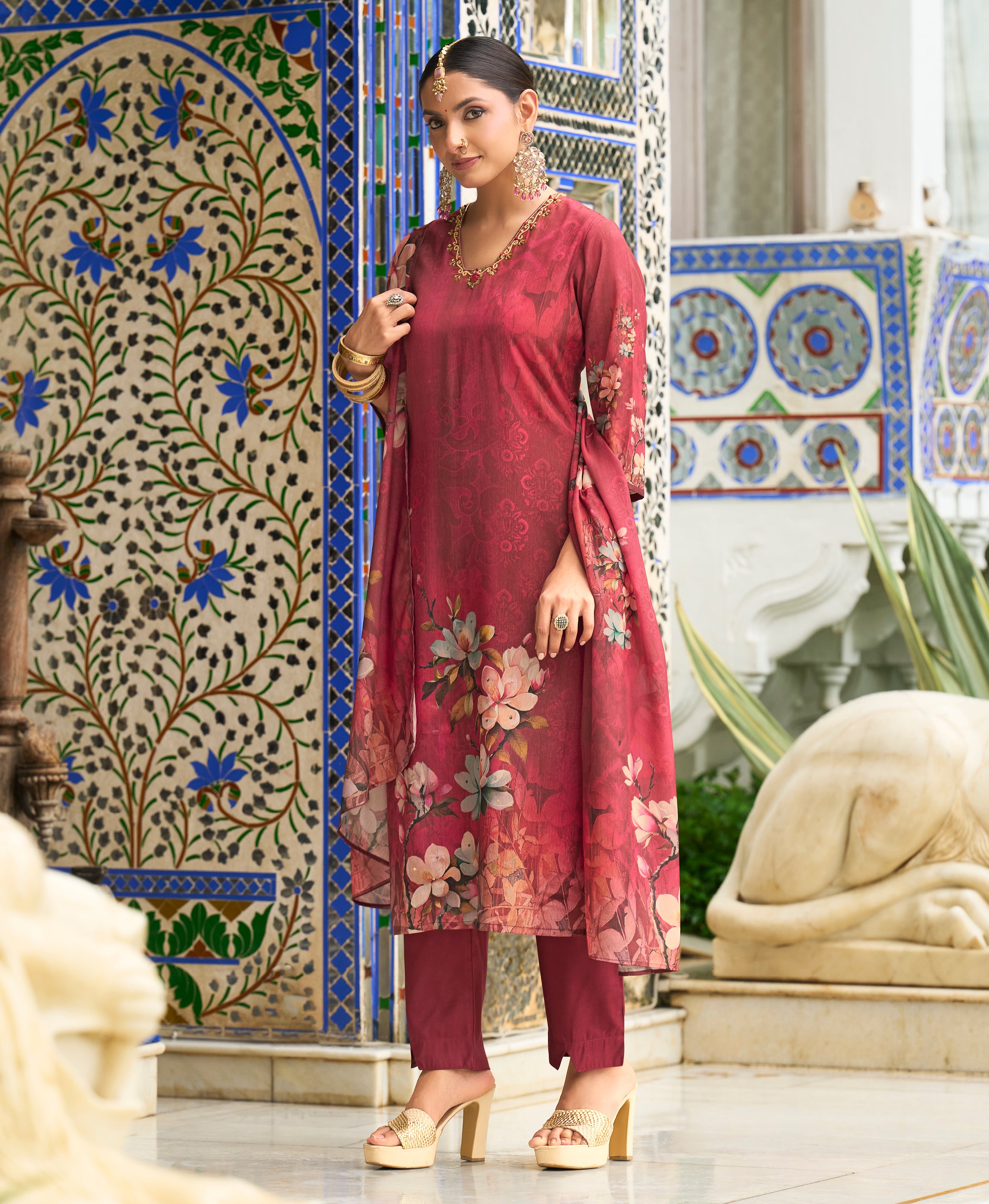 Her Couture Women's Maroon Chinon Chiffon Floral Printed Straight Kurta With Pant & Printed Dupatta