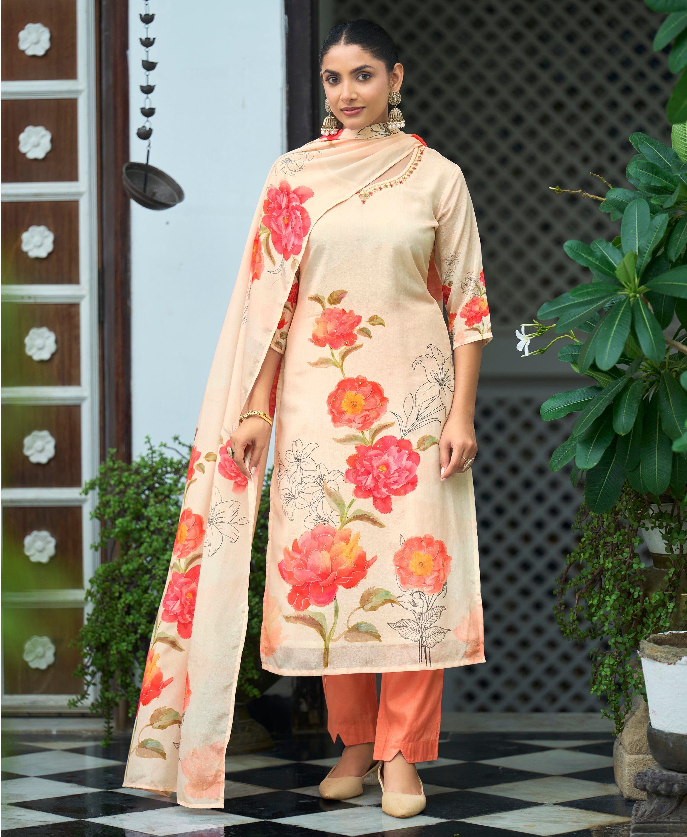 Beige Chinon Chiffon Straight Festive & Party Kurta Set By Her Couture