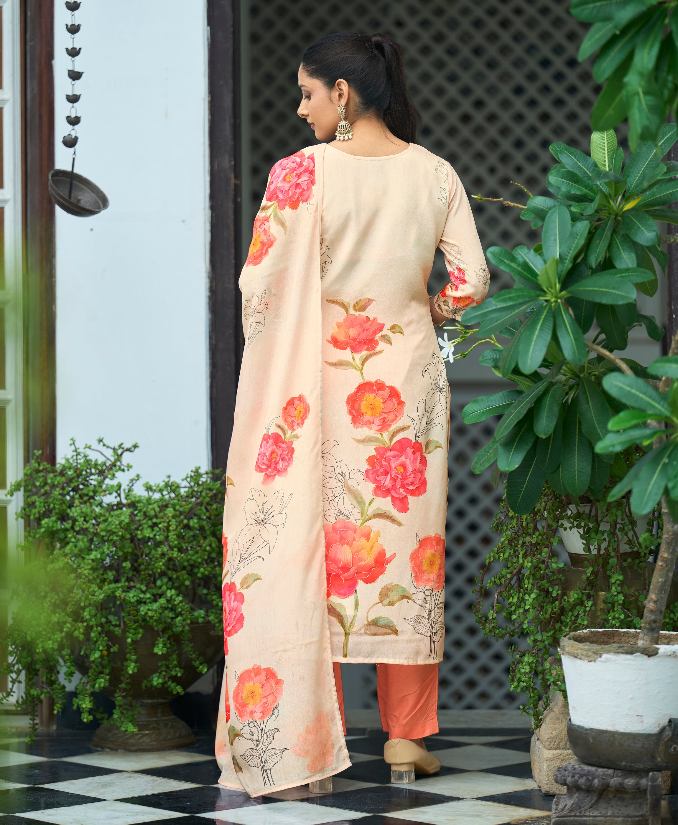 Her Couture Women's Beige Chinon Chiffon Floral Printed Straight Kurta With Pant & Printed Dupatta