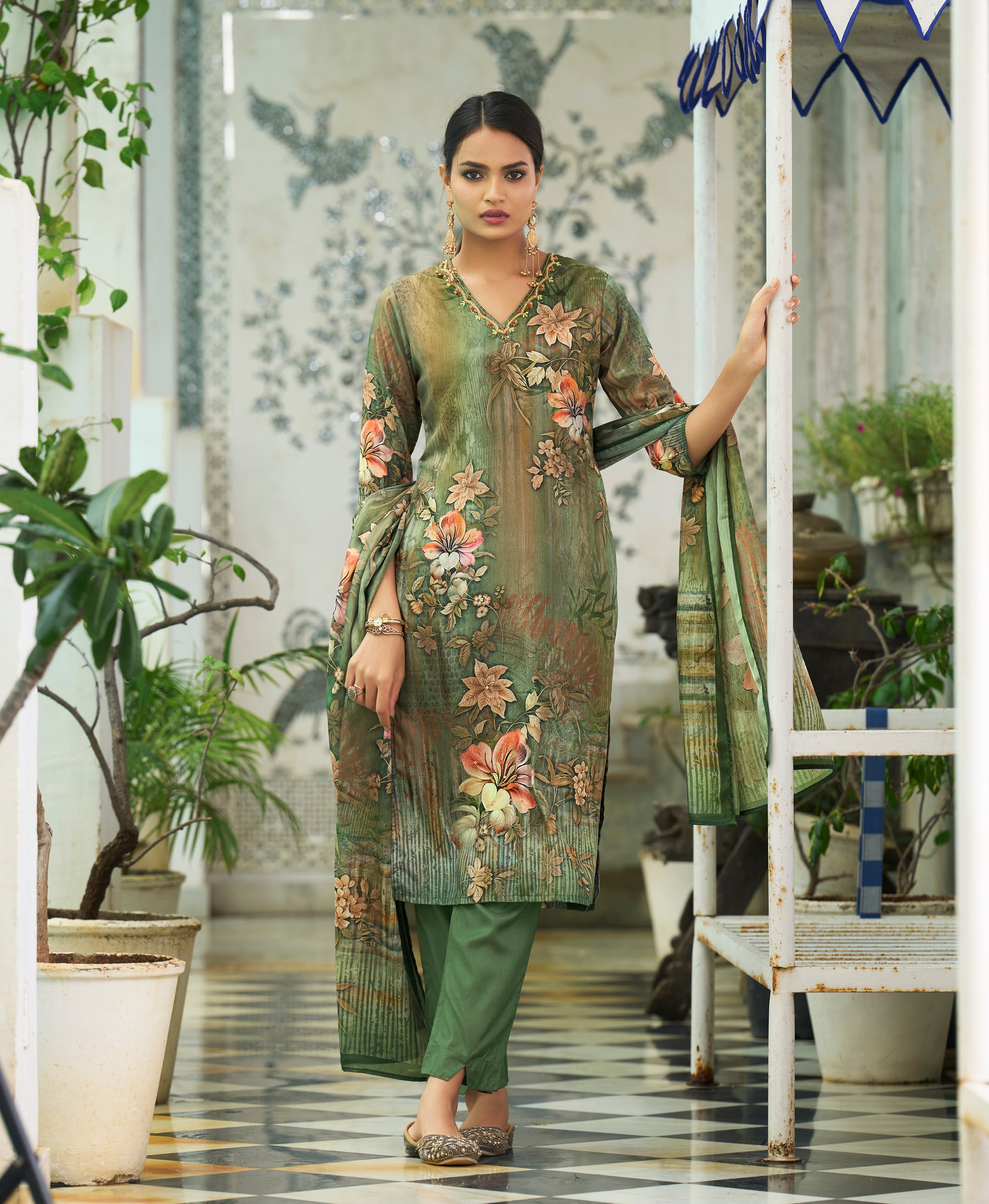 Olive Green Chinon Chiffon Straight Festive & Party Kurta Set By Her Couture