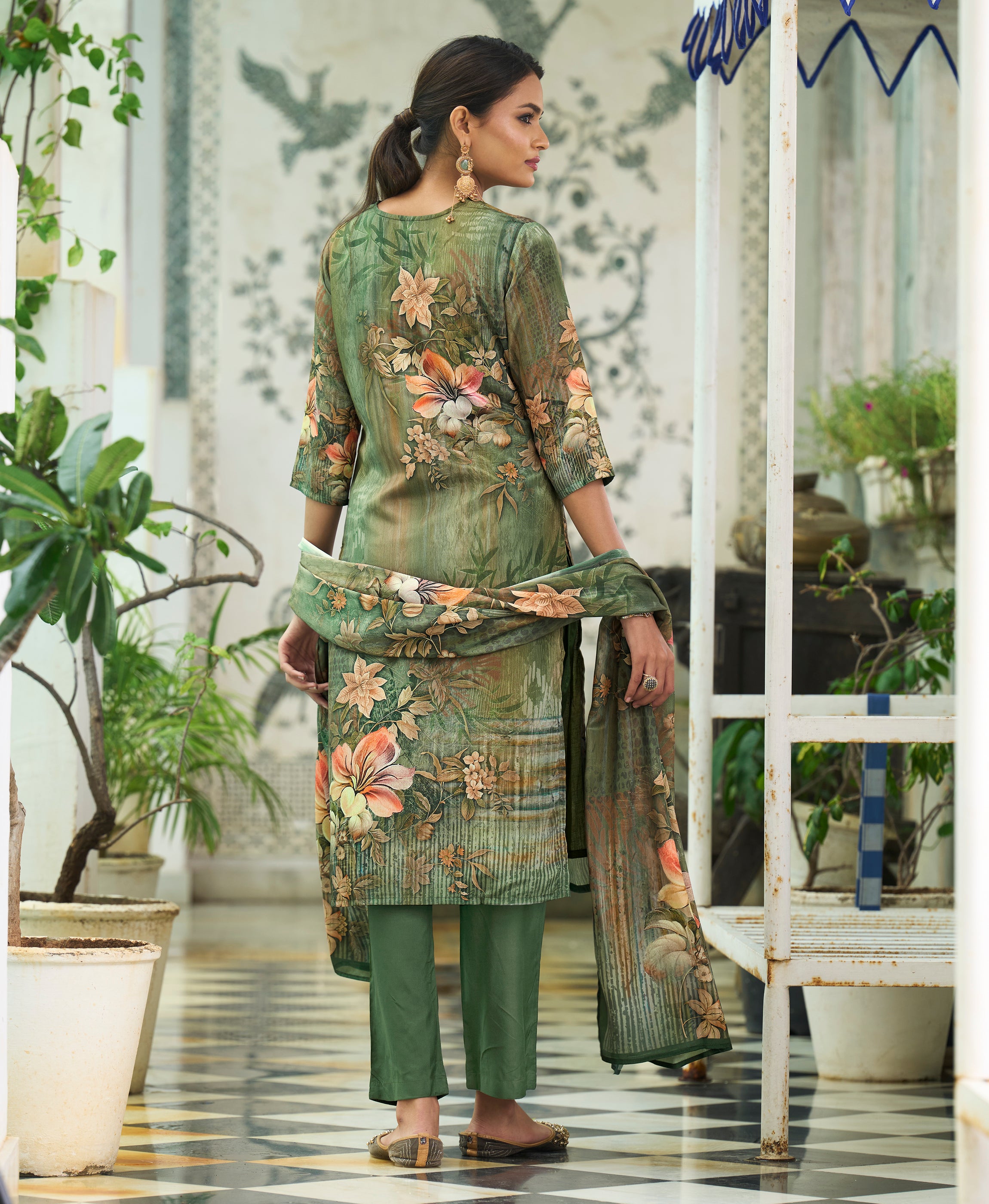 Her Couture Women's Olive Green Chinon Chiffon Floral Printed Straight Kurta With Pant & Printed Dupatta
