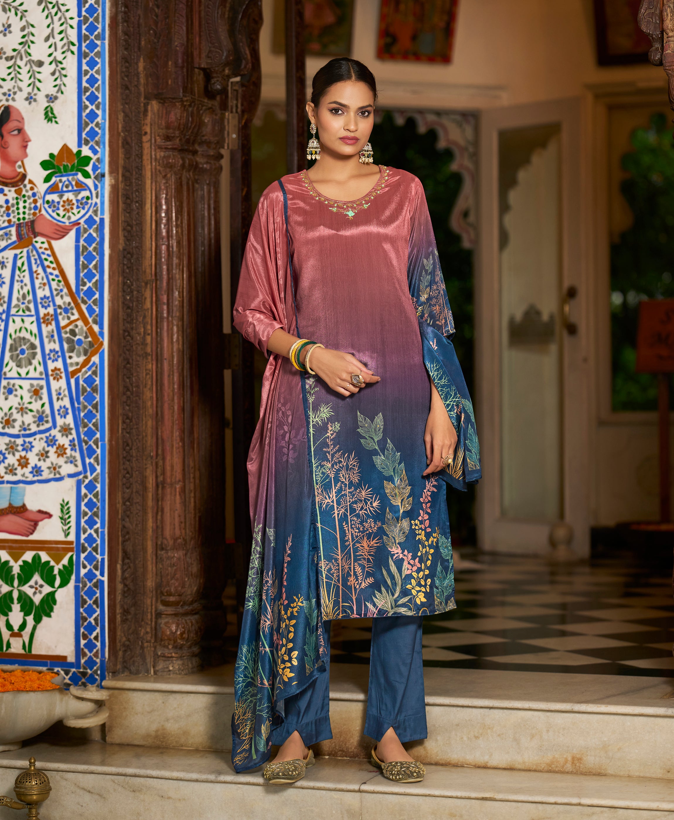 Mauve Chinon Chiffon Straight Festive & Party Kurta Set By Her Couture