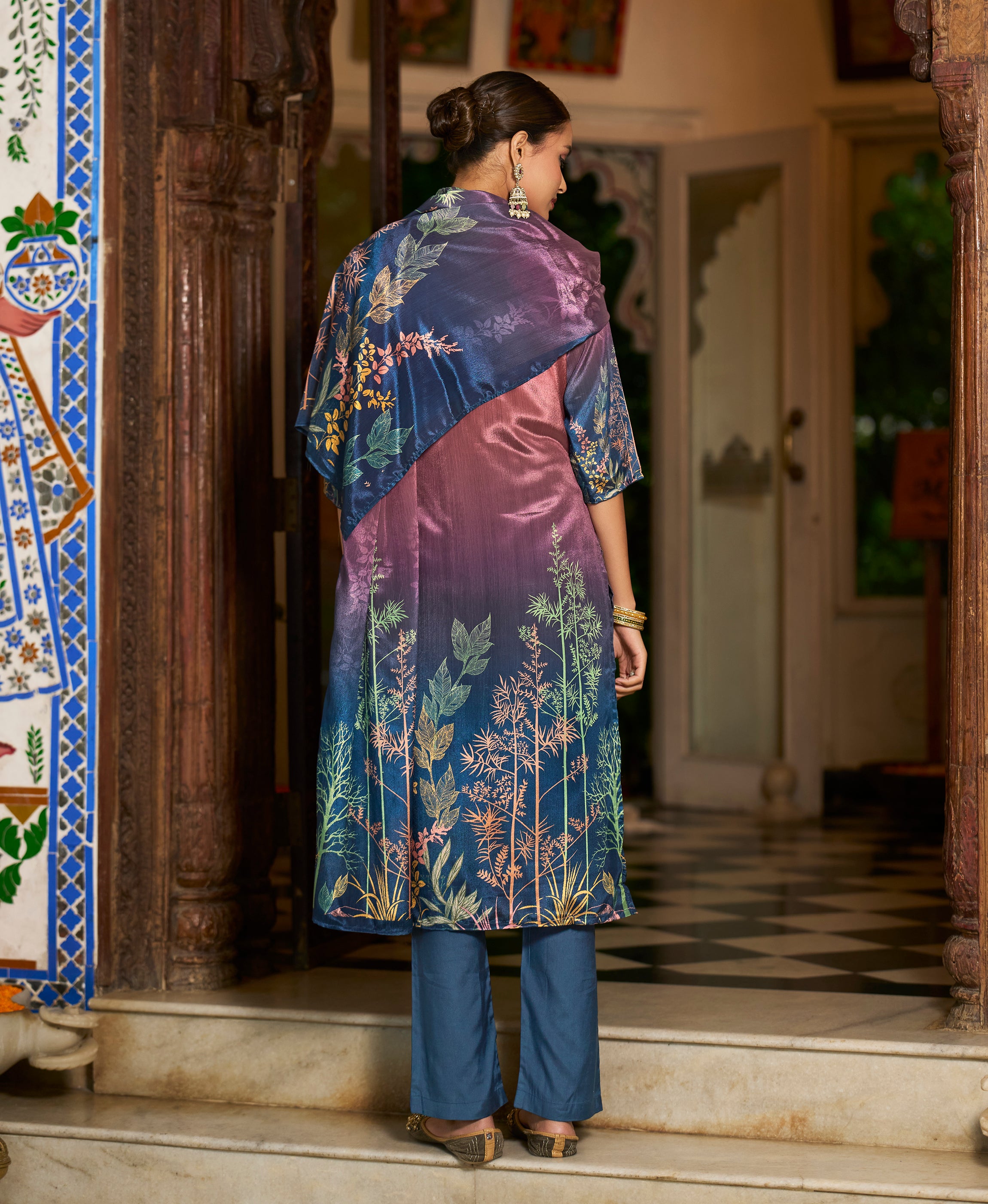Her Couture Women's Mauve Chinon Chiffon Floral Printed Straight Kurta With Pant & Printed Dupatta