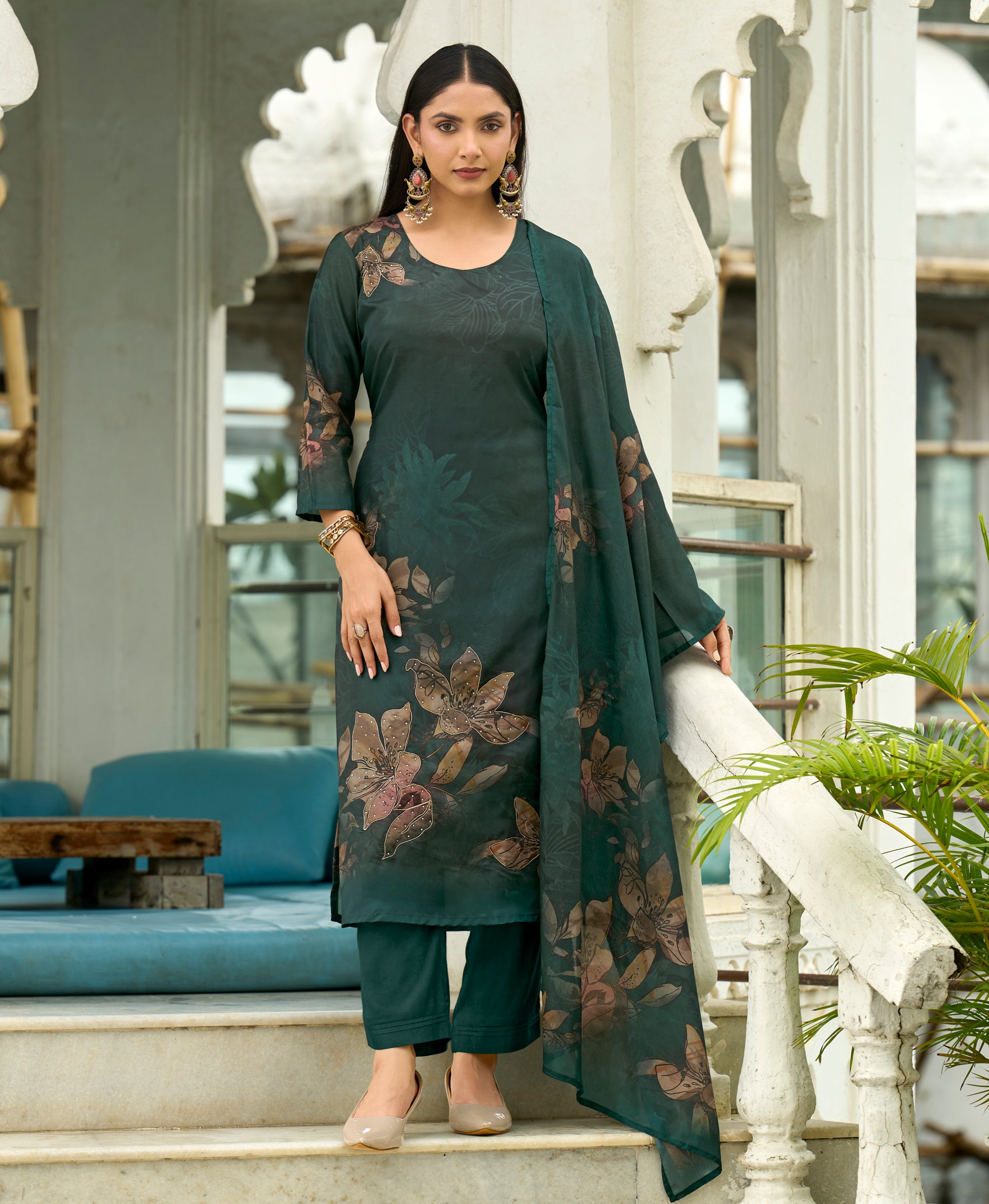 Dark Green HO Organza Straight Festive & Party Kurta Set by Her Couture