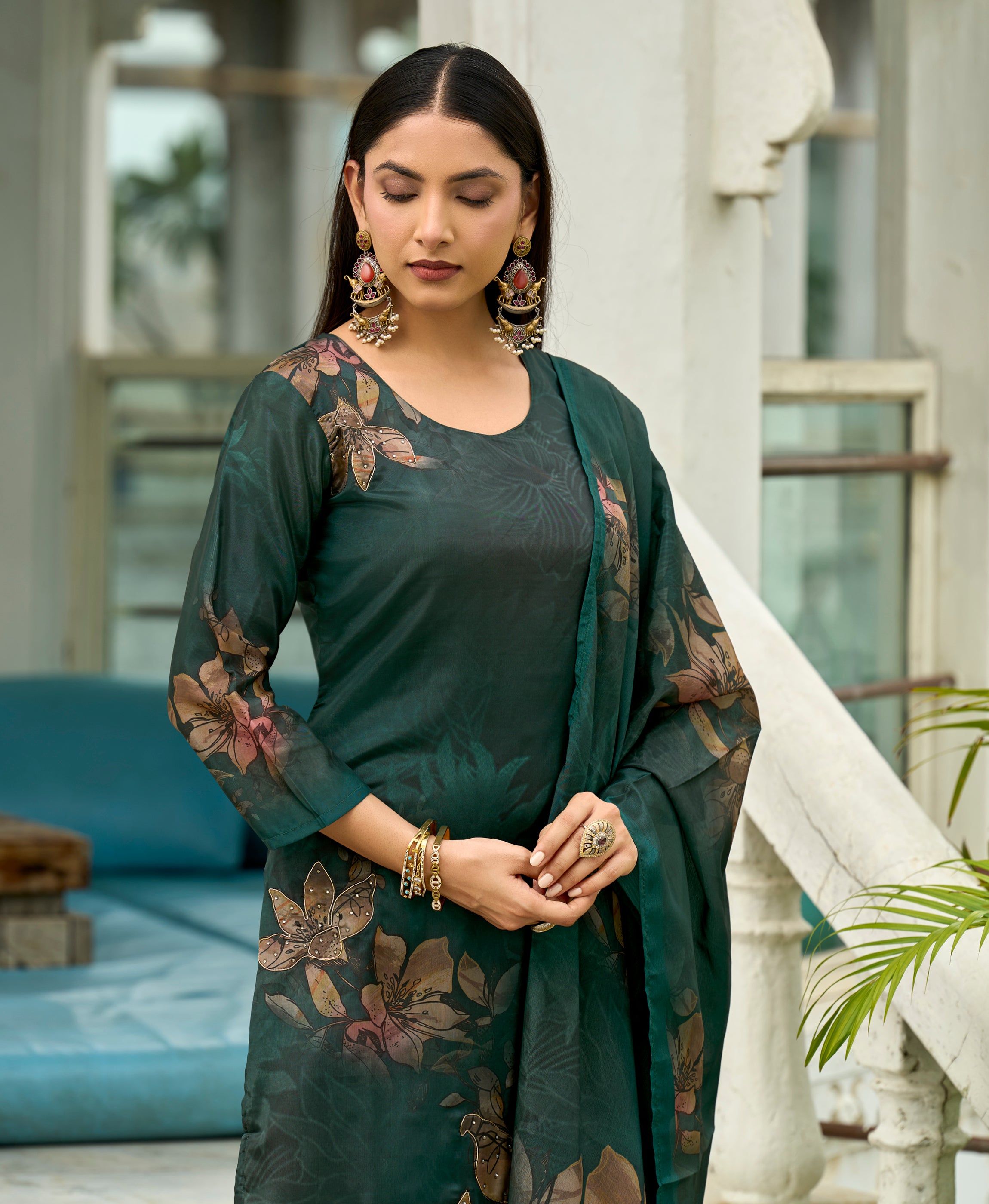 Her Couture Women's Dark Green HO Organza Floral Printed Straight Kurta With Pant & Printed Dupatta