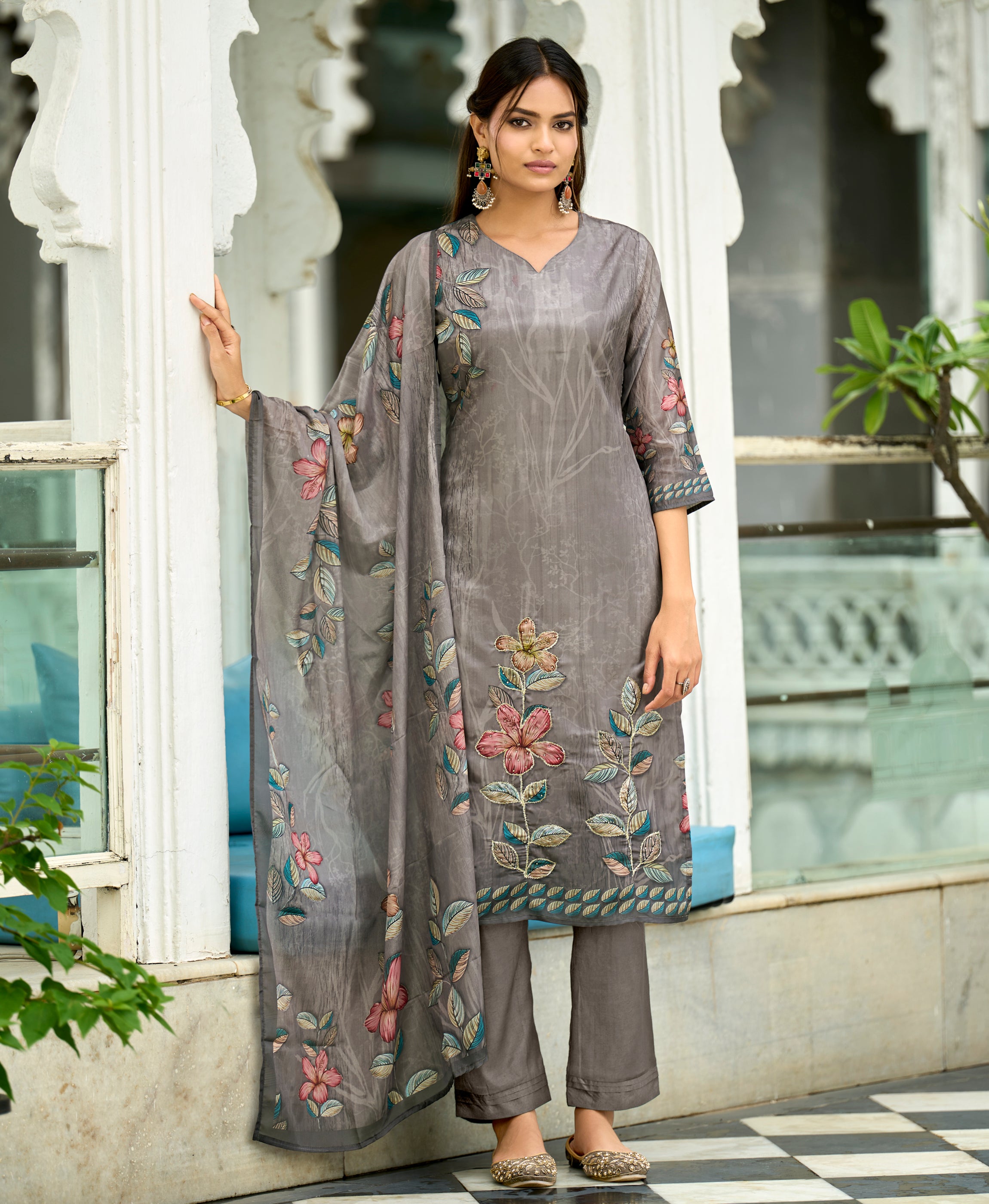 Grey HO Organza Straight Festive & Party Kurta Set by Her Couture