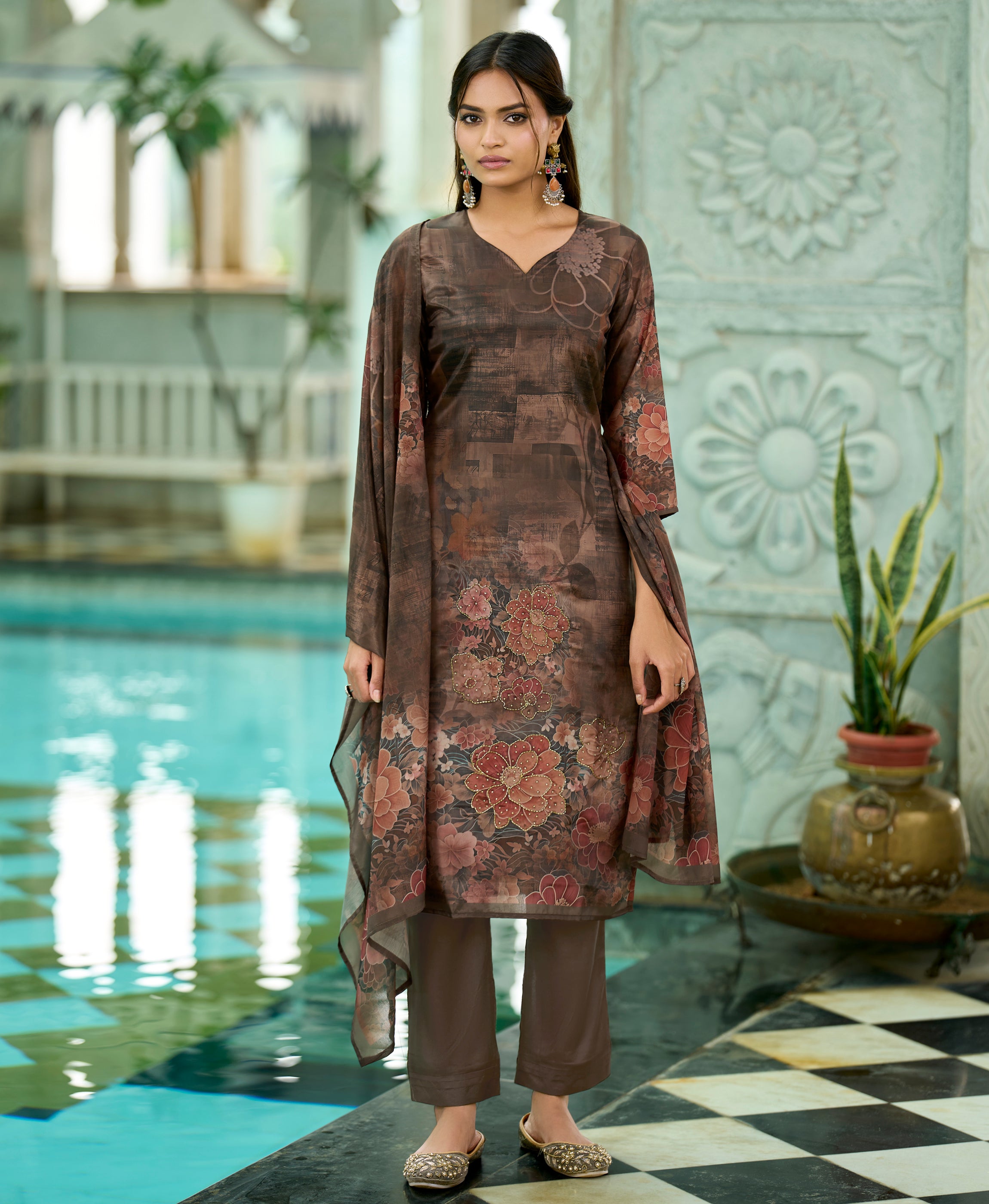Brown HO Organza Straight Festive & Party Kurta Set by Her Couture