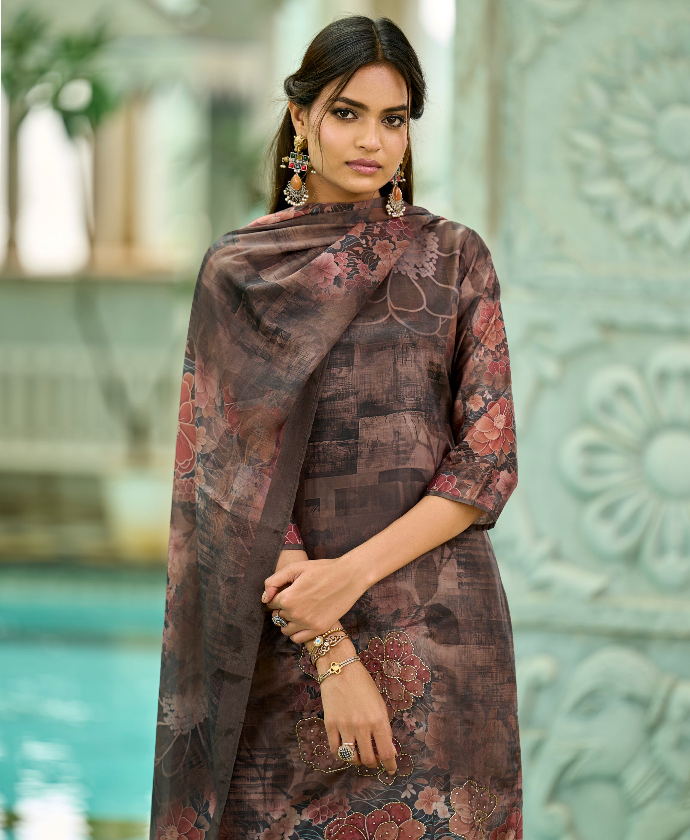 Her Couture Women's Brown HO Organza Floral Printed Straight Kurta With Pant & Printed Dupatta