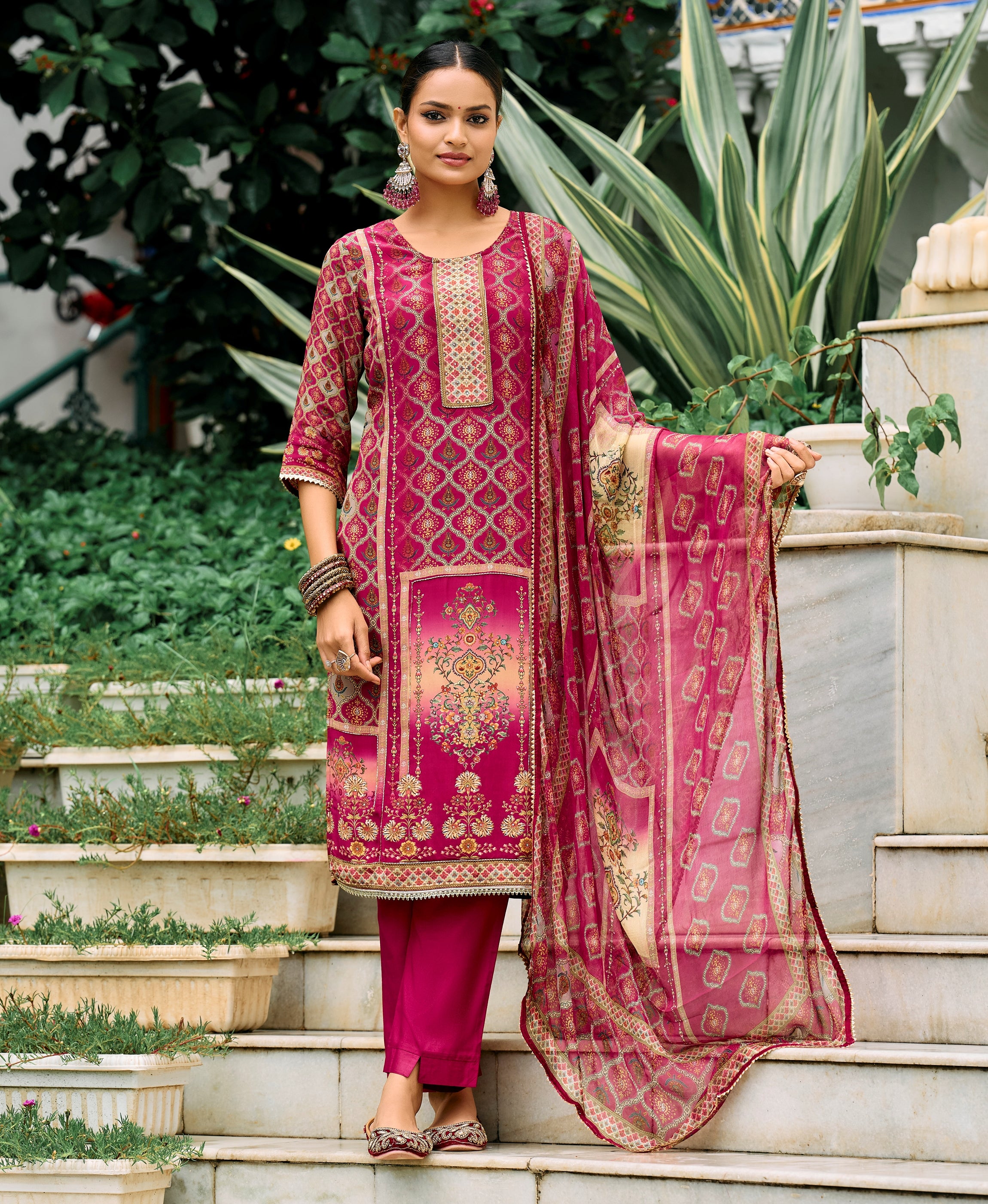 Magenta Pure Natural Crepe Straight Festive & Party Kurta Set by Her Couture