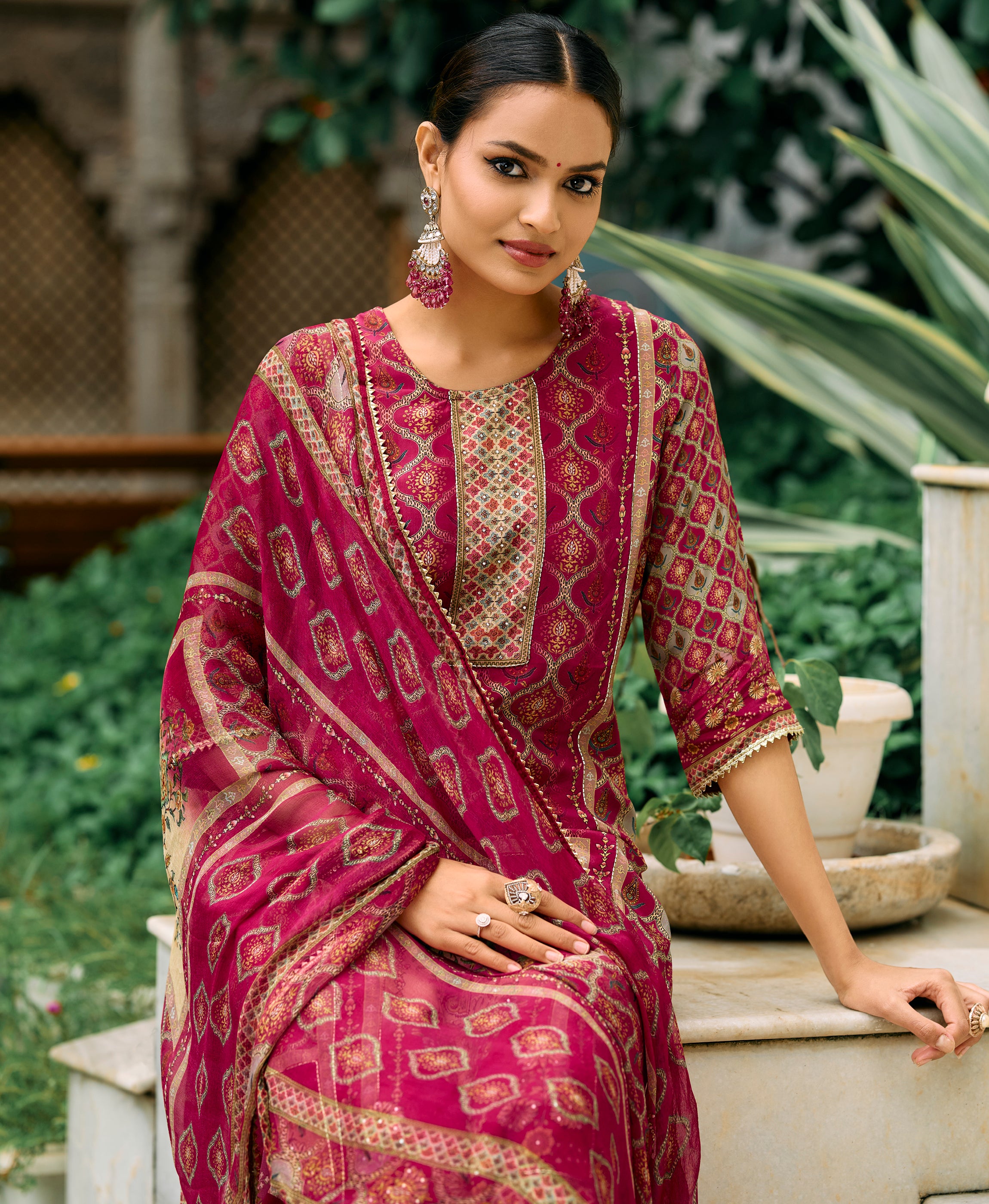 Her Couture Women's Magenta Pure Natural Crepe Floral Printed Straight Kurta With Pant & Printed Dupatta