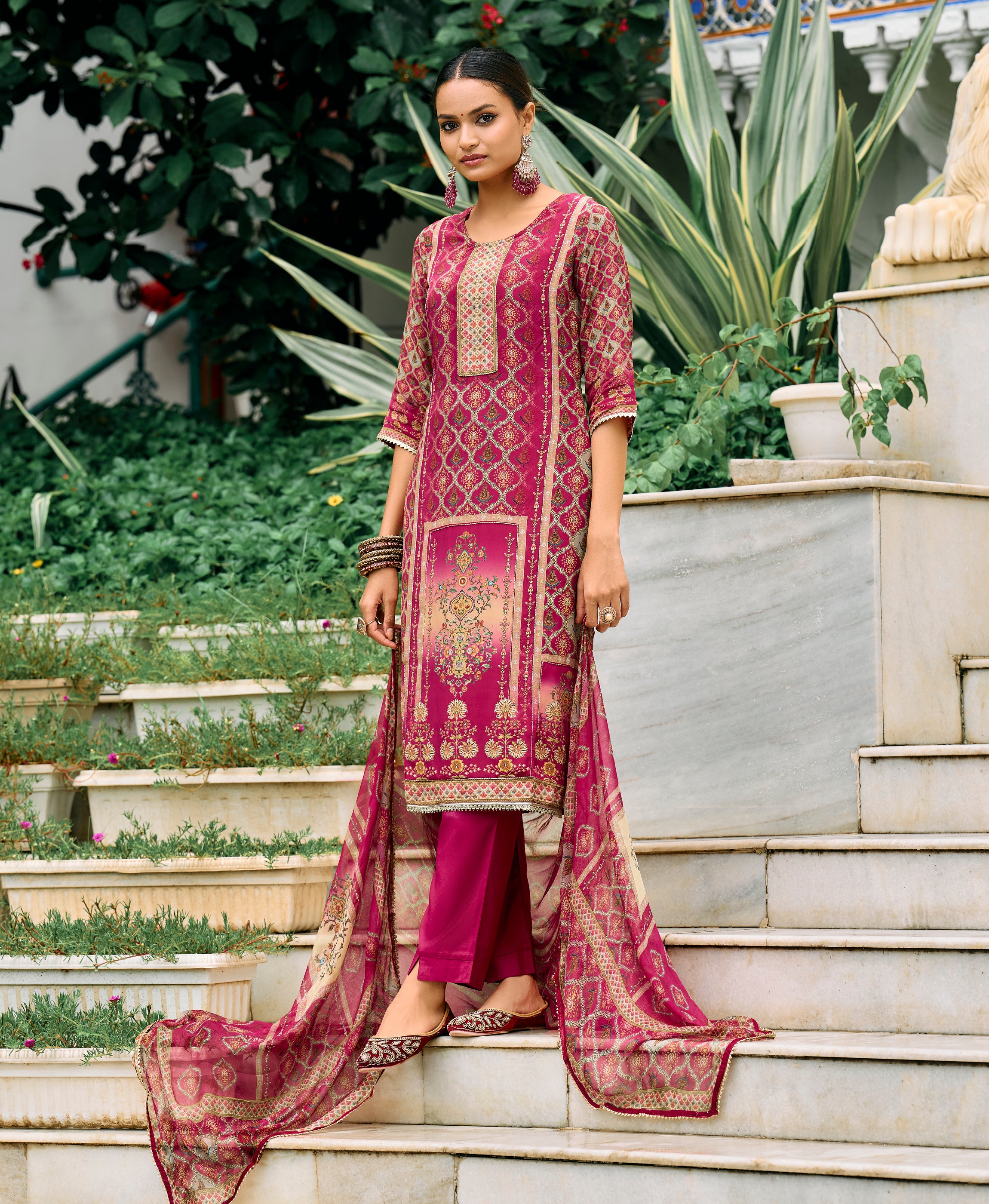 Her Couture Women's Magenta Pure Natural Crepe Floral Printed Straight Kurta With Pant & Printed Dupatta