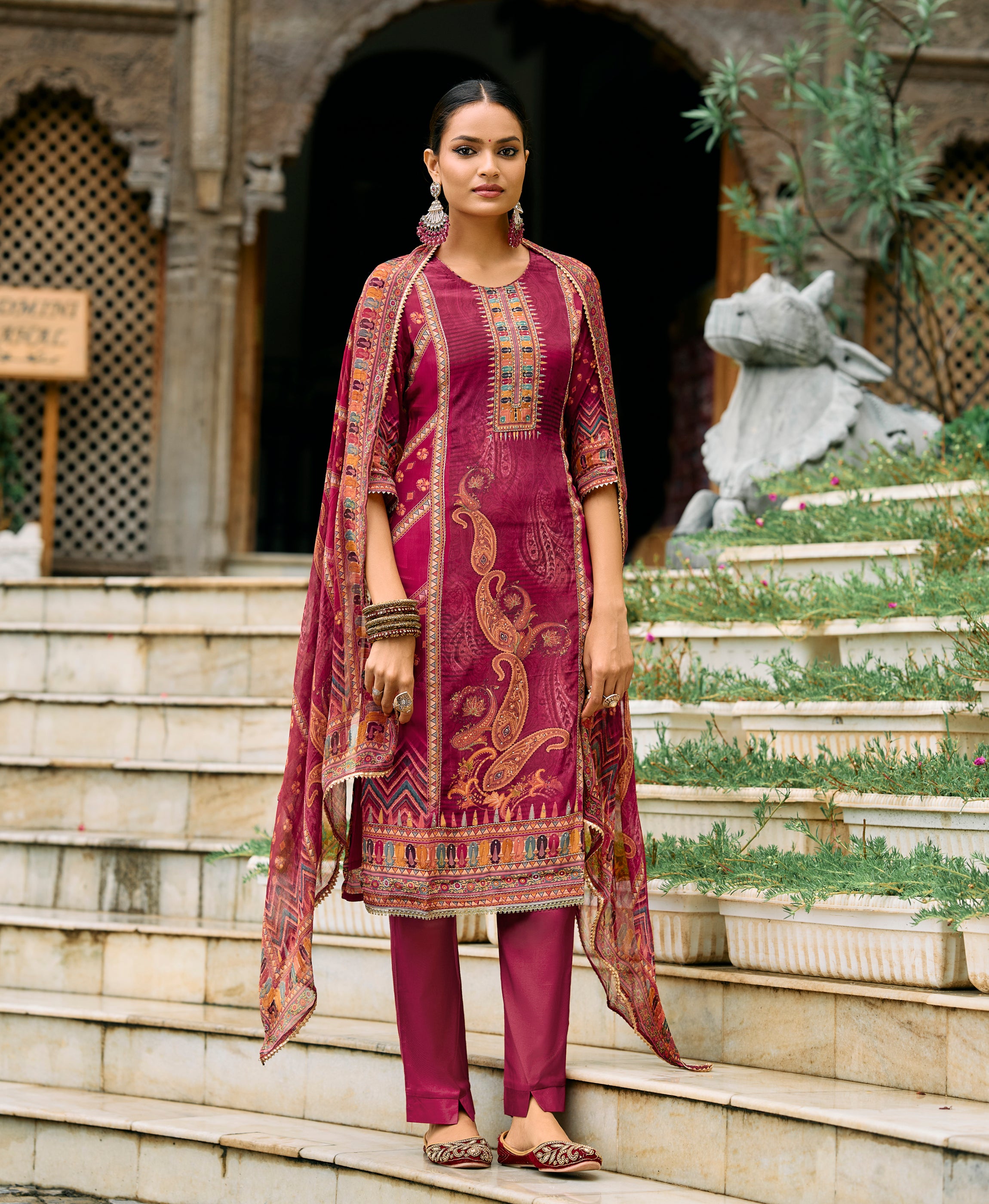 Maroon Pure Natural Crepe Straight Festive & Party Kurta Set by Her Couture