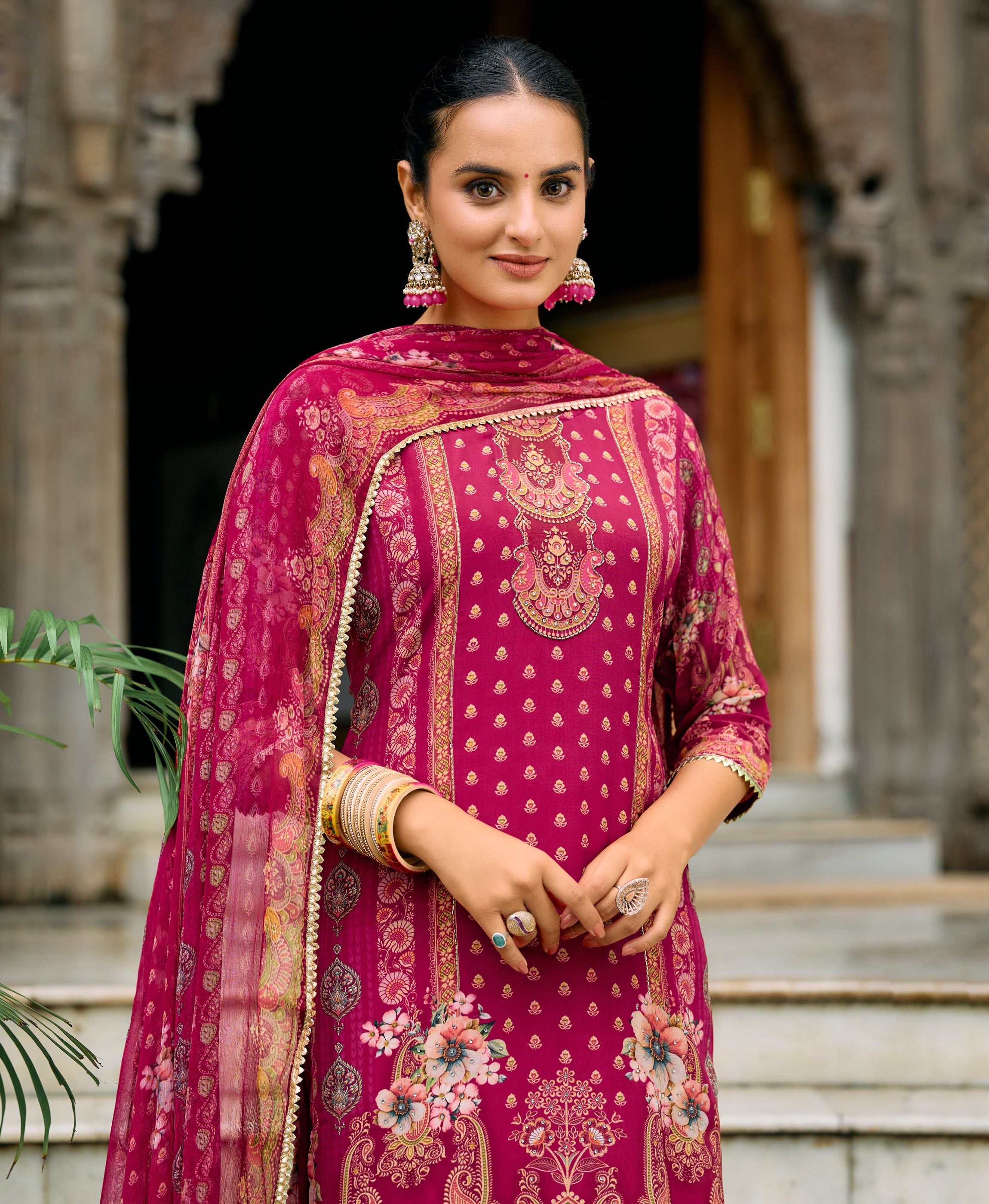 Her Couture Women's Magenta Pure Natural Crepe Floral Printed Straight Kurta With Pant & Printed Dupatta