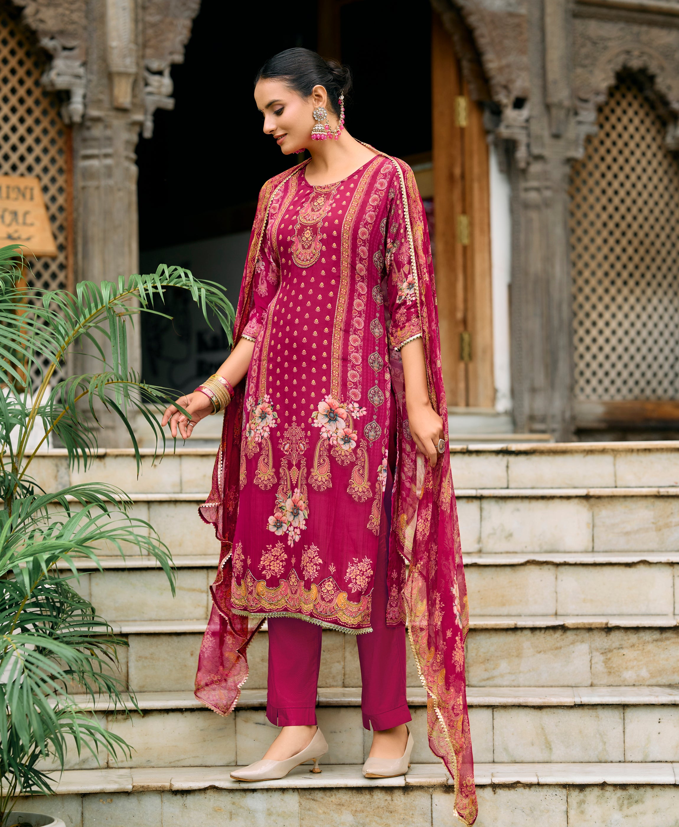 Her Couture Women's Magenta Pure Natural Crepe Floral Printed Straight Kurta With Pant & Printed Dupatta