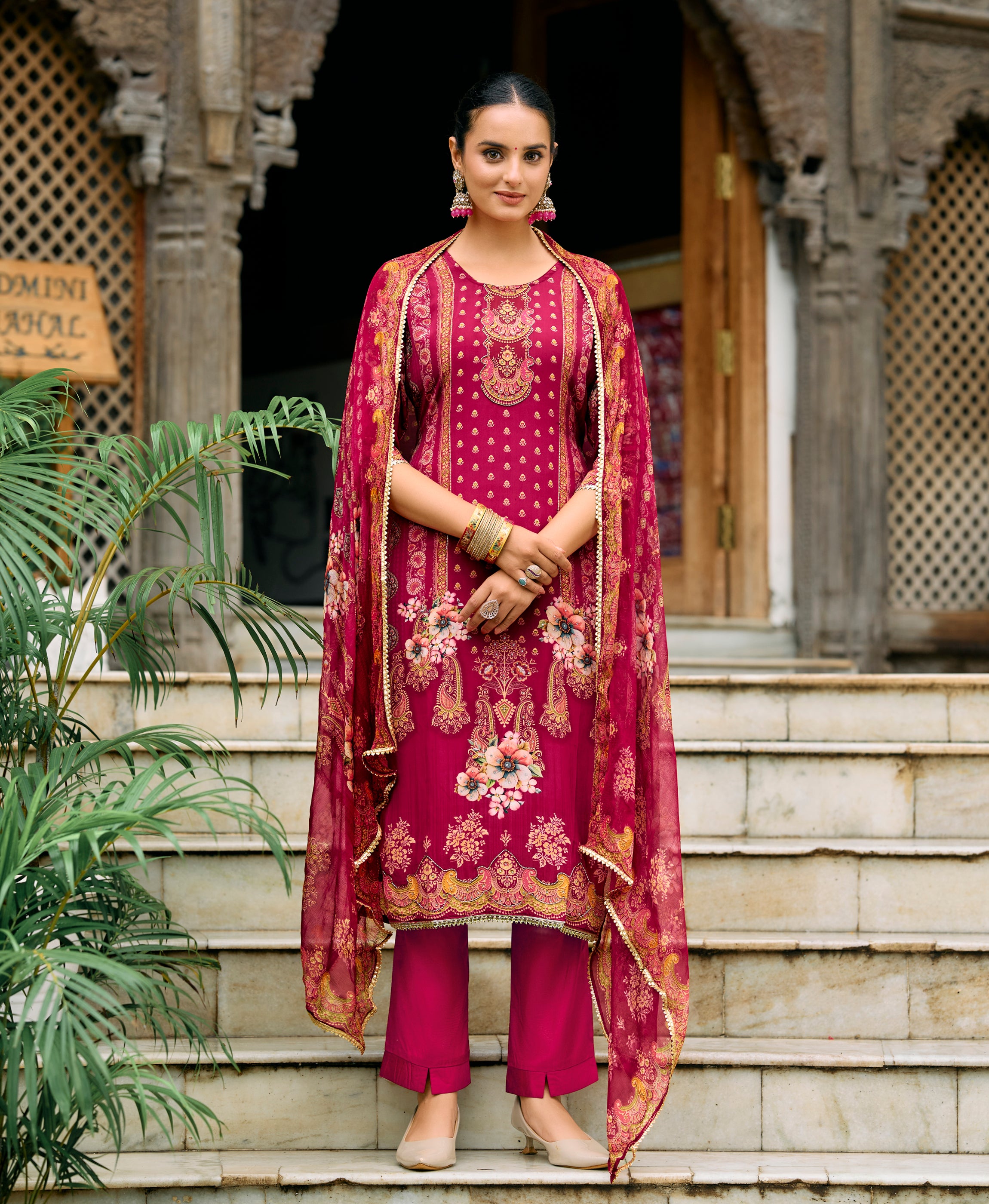 Magenta Pure Natural Crepe Straight Festive & Party Kurta Set by Her Couture