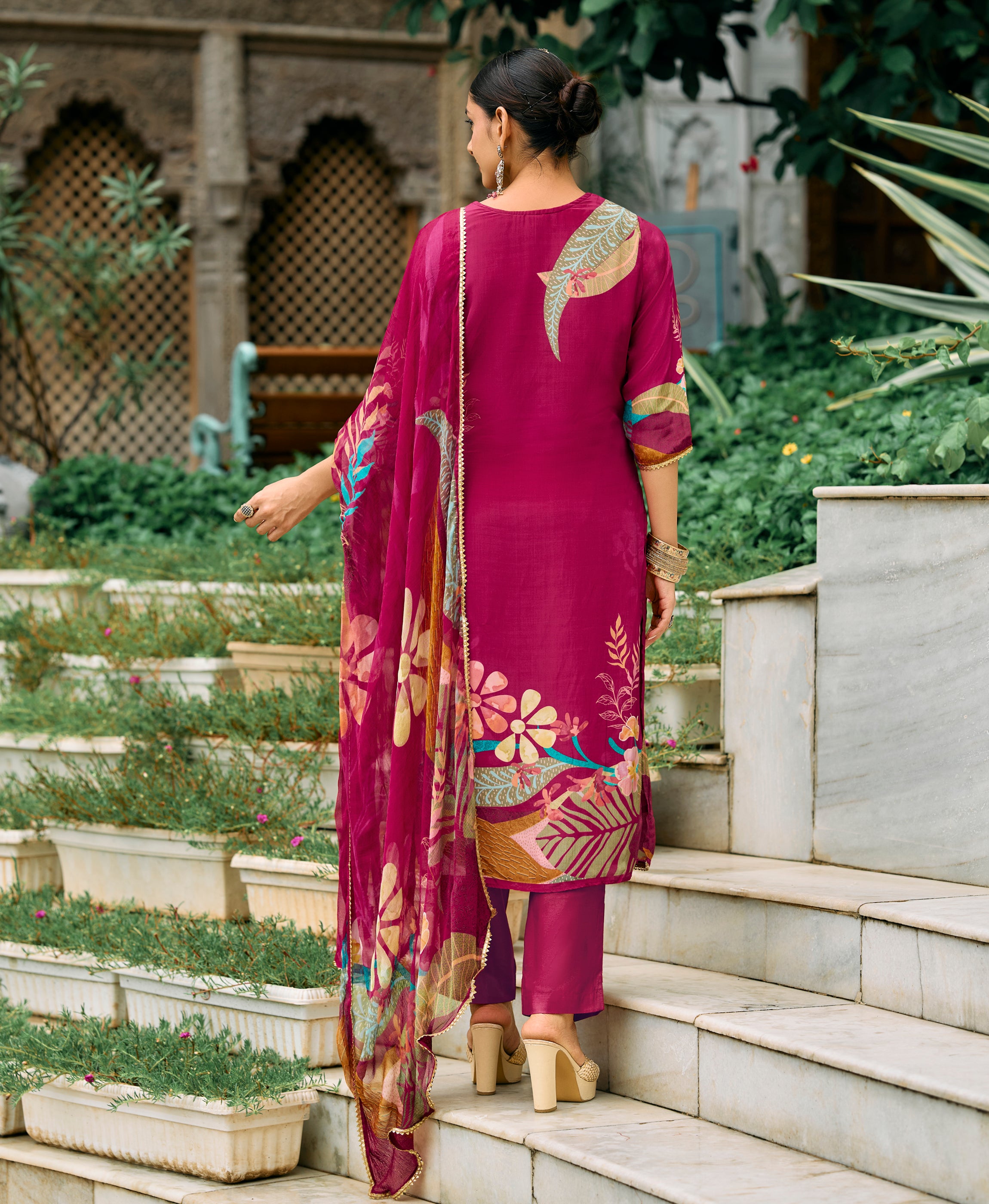 Her Couture Women's Magenta Pure Natural Crepe Floral Printed Straight Kurta With Pant & Printed Dupatta