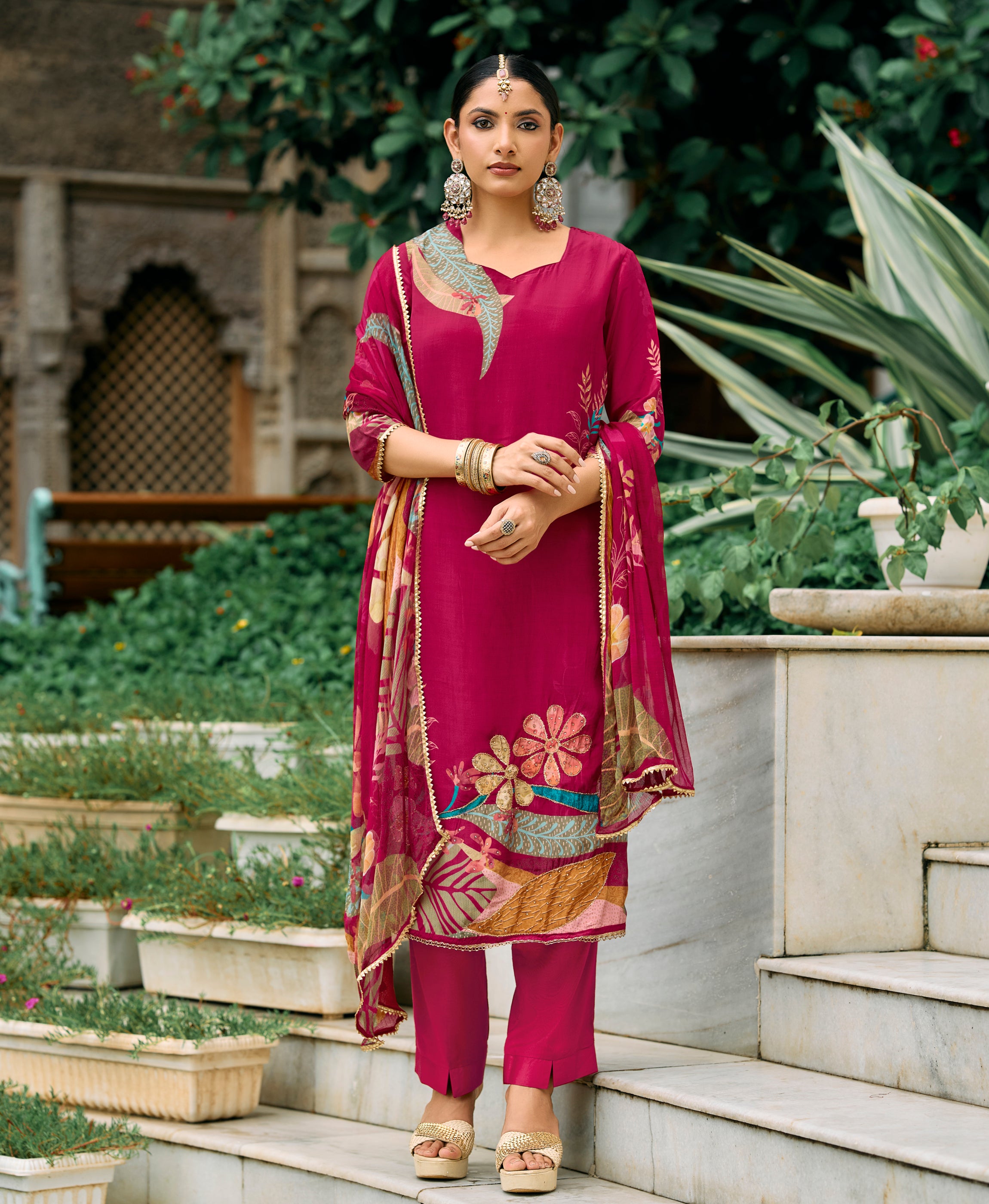 Magenta Pure Natural Crepe Straight Festive & Party Kurta Set by Her Couture
