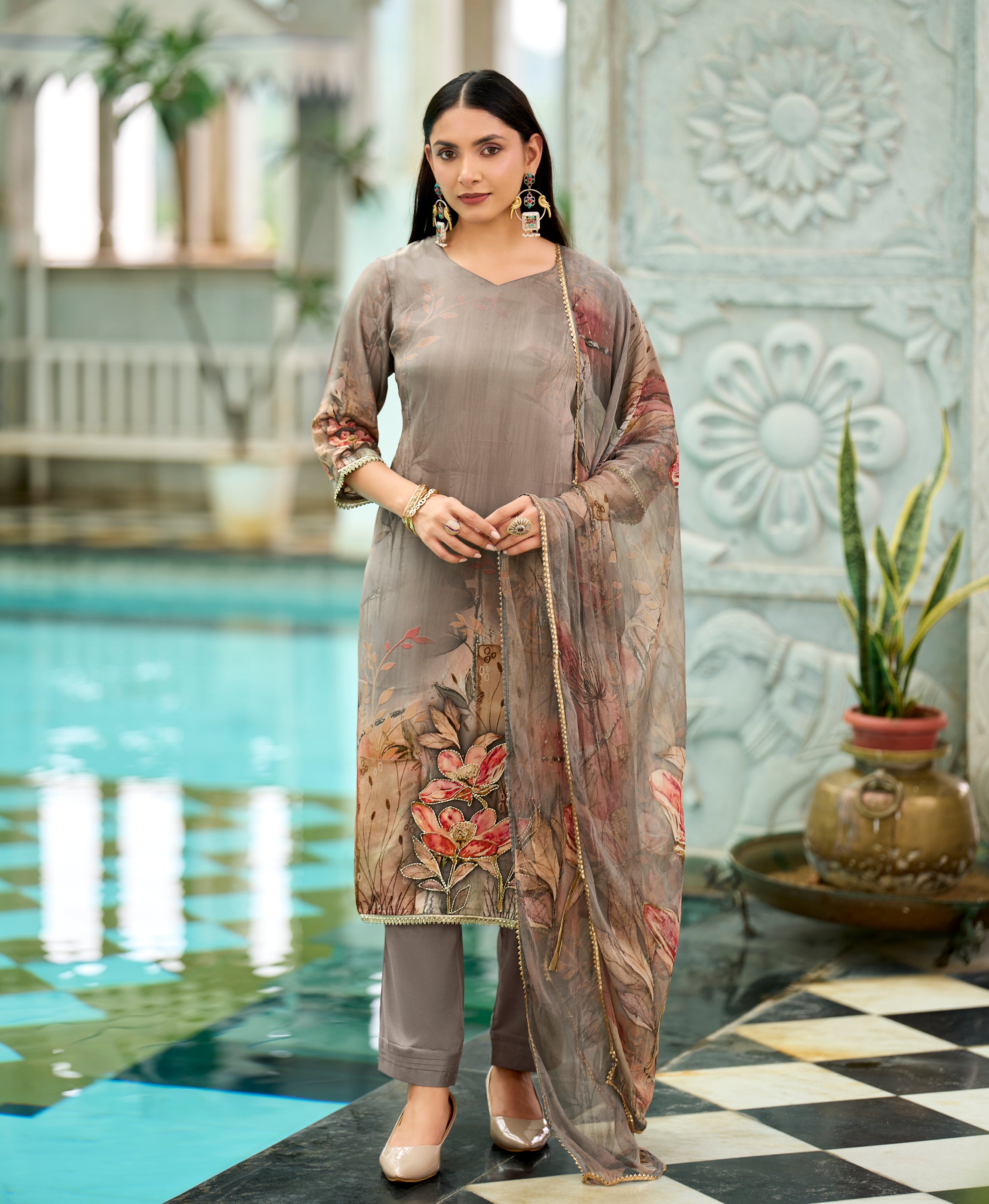Grey Pure Natural Crepe Straight Festive & Party Kurta Set by Her Couture