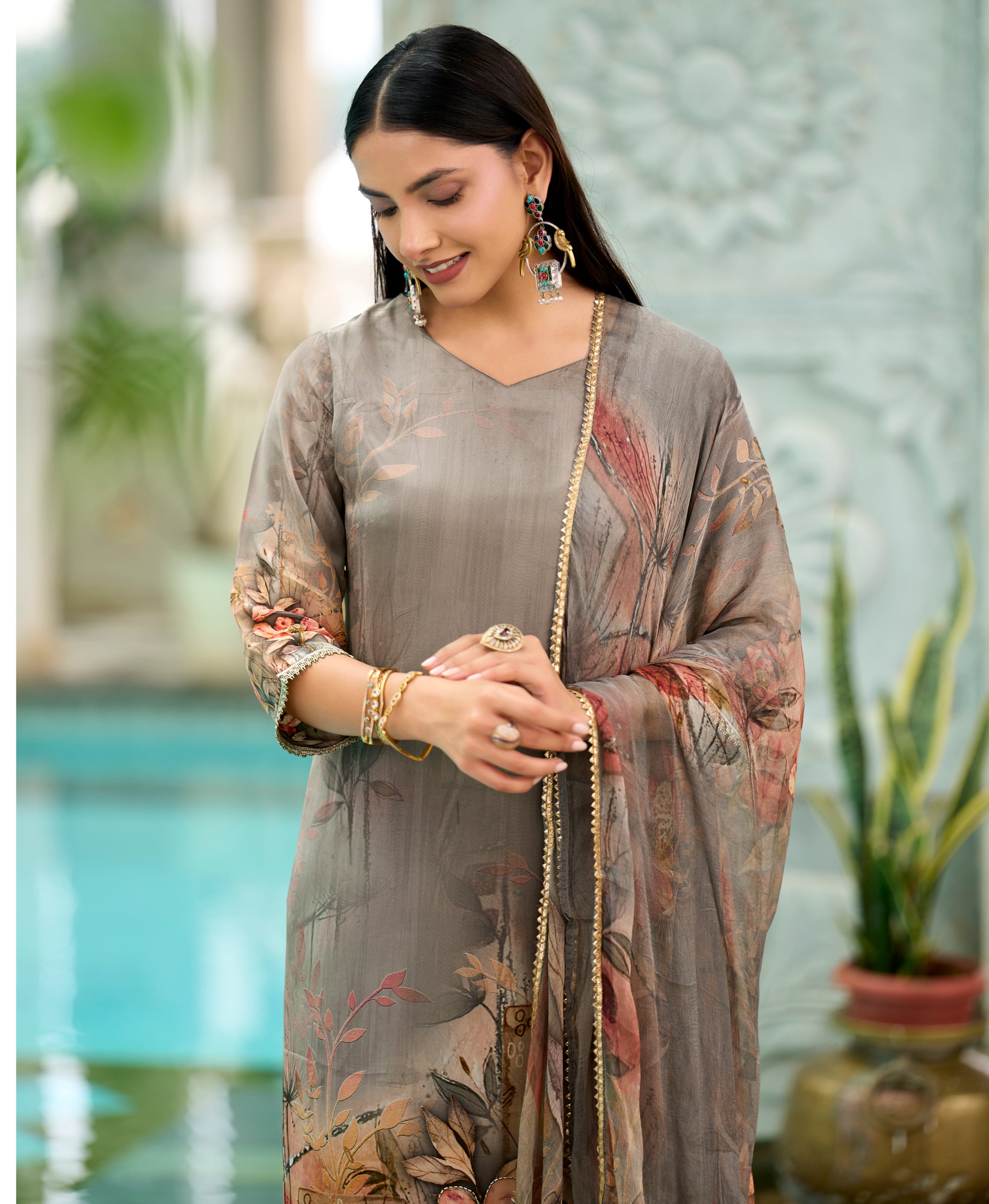 Her Couture Women's Grey Pure Natural Crepe Floral Printed Straight Kurta With Pant & Printed Dupatta