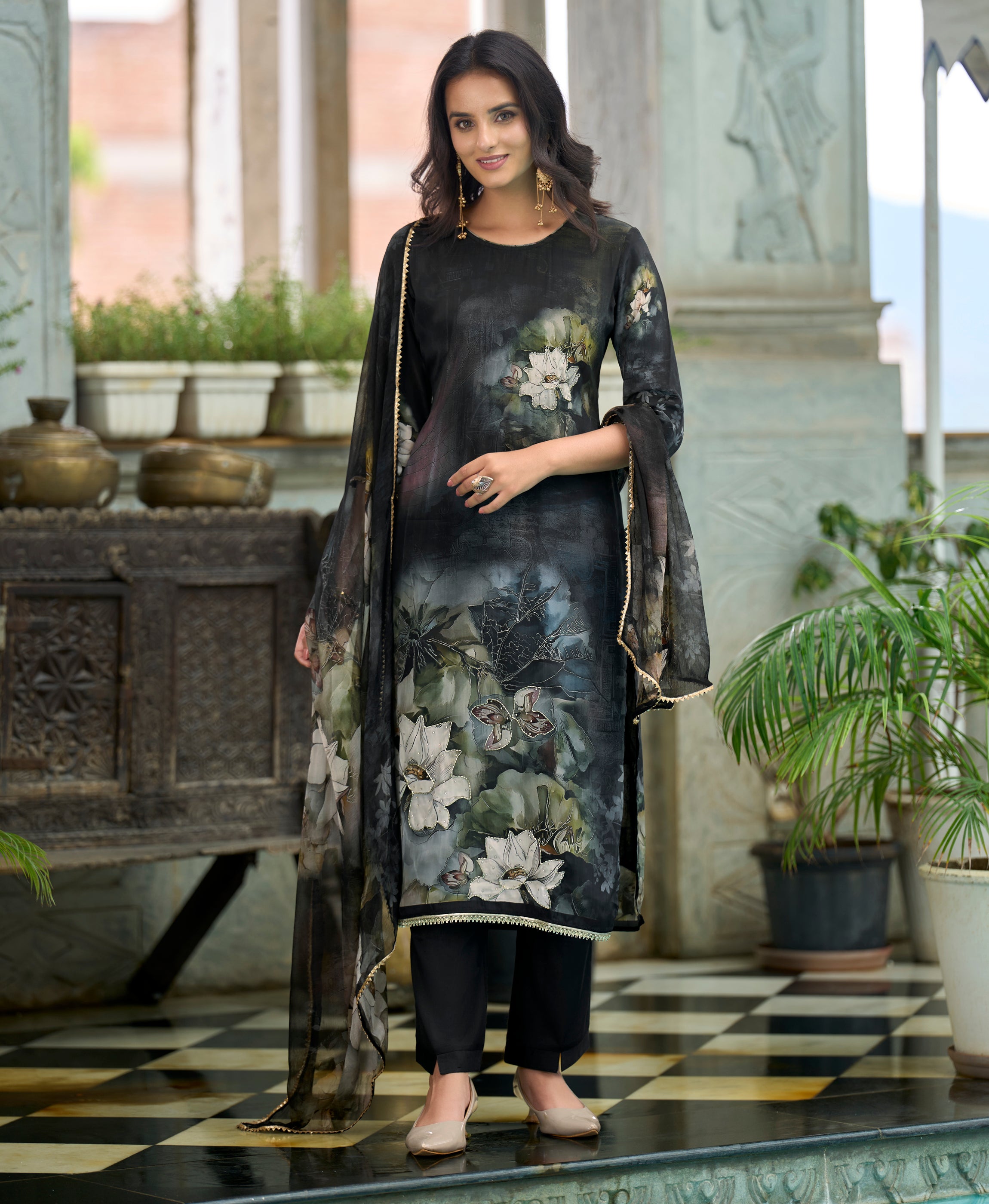 Black Pure Natural Crepe Straight Festive & Party Kurta Set by Her Couture