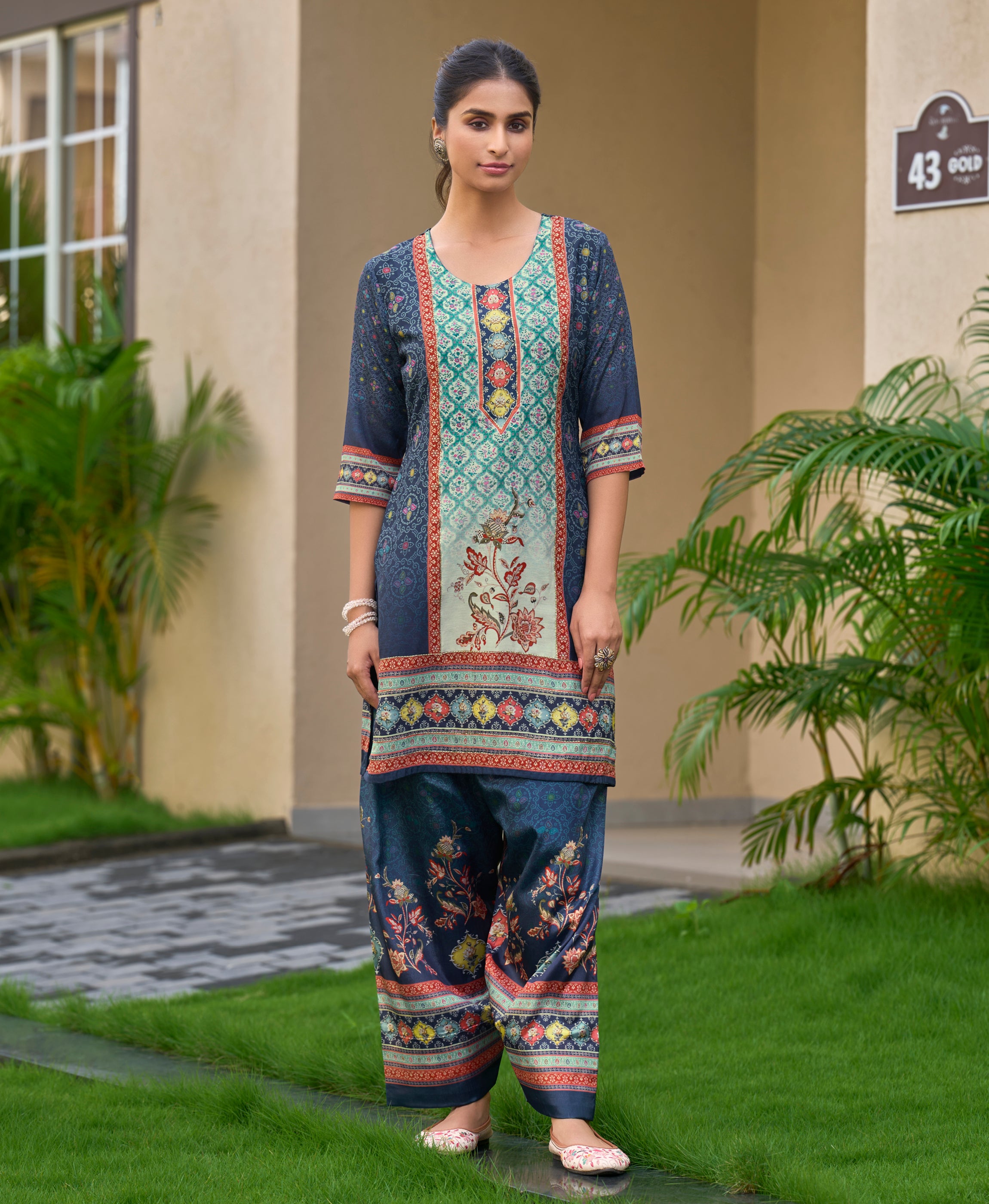 Dark Blue Chinon Chiffon Festive & Party Co-ord Set By Her Couture