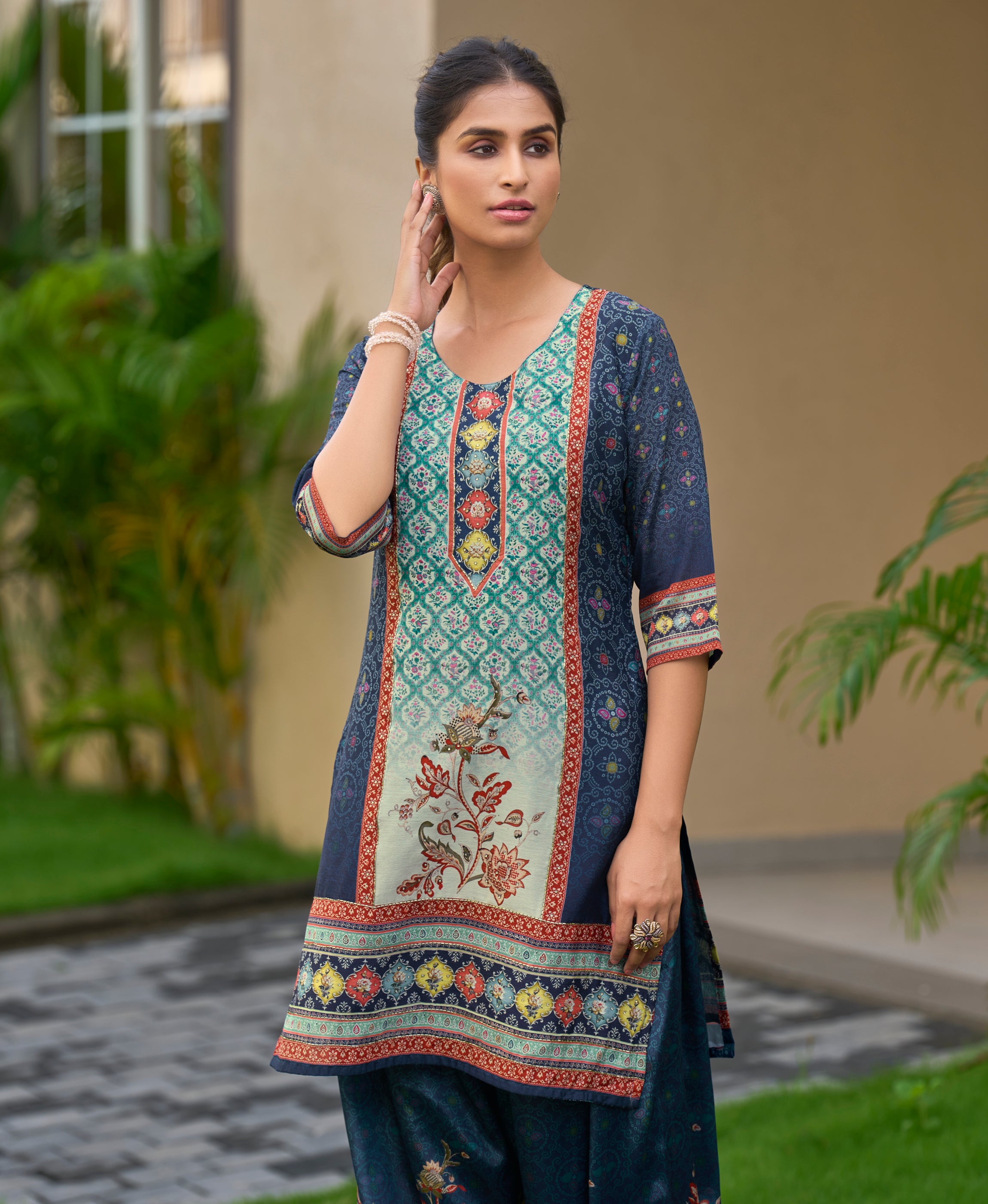 Her Couture Women's Dark Blue Chinon Chiffon Abstract Print Festive & Party Co-ord Set