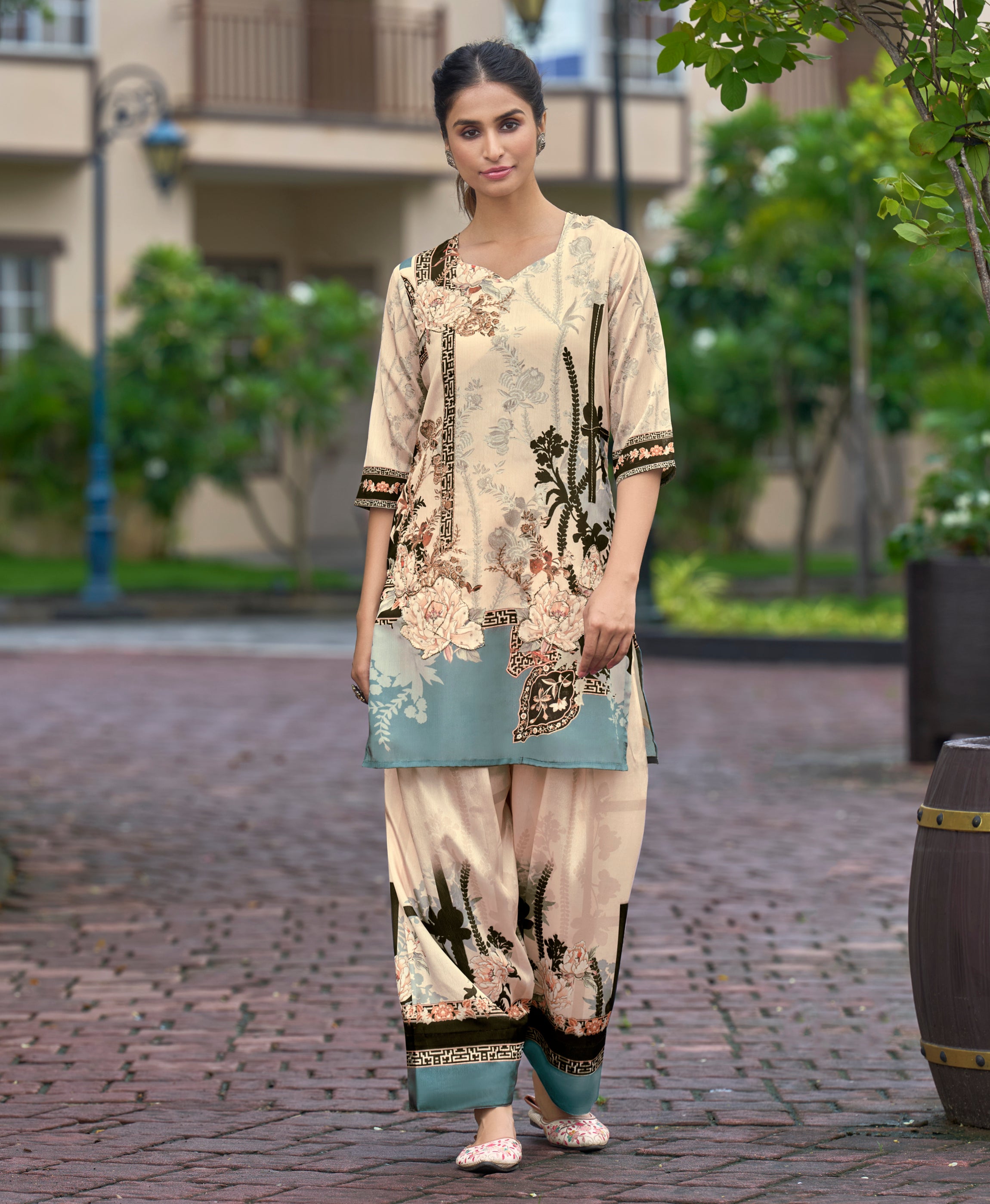 Beige Chinon Chiffon Festive & Party Co-ord Set By Her Couture