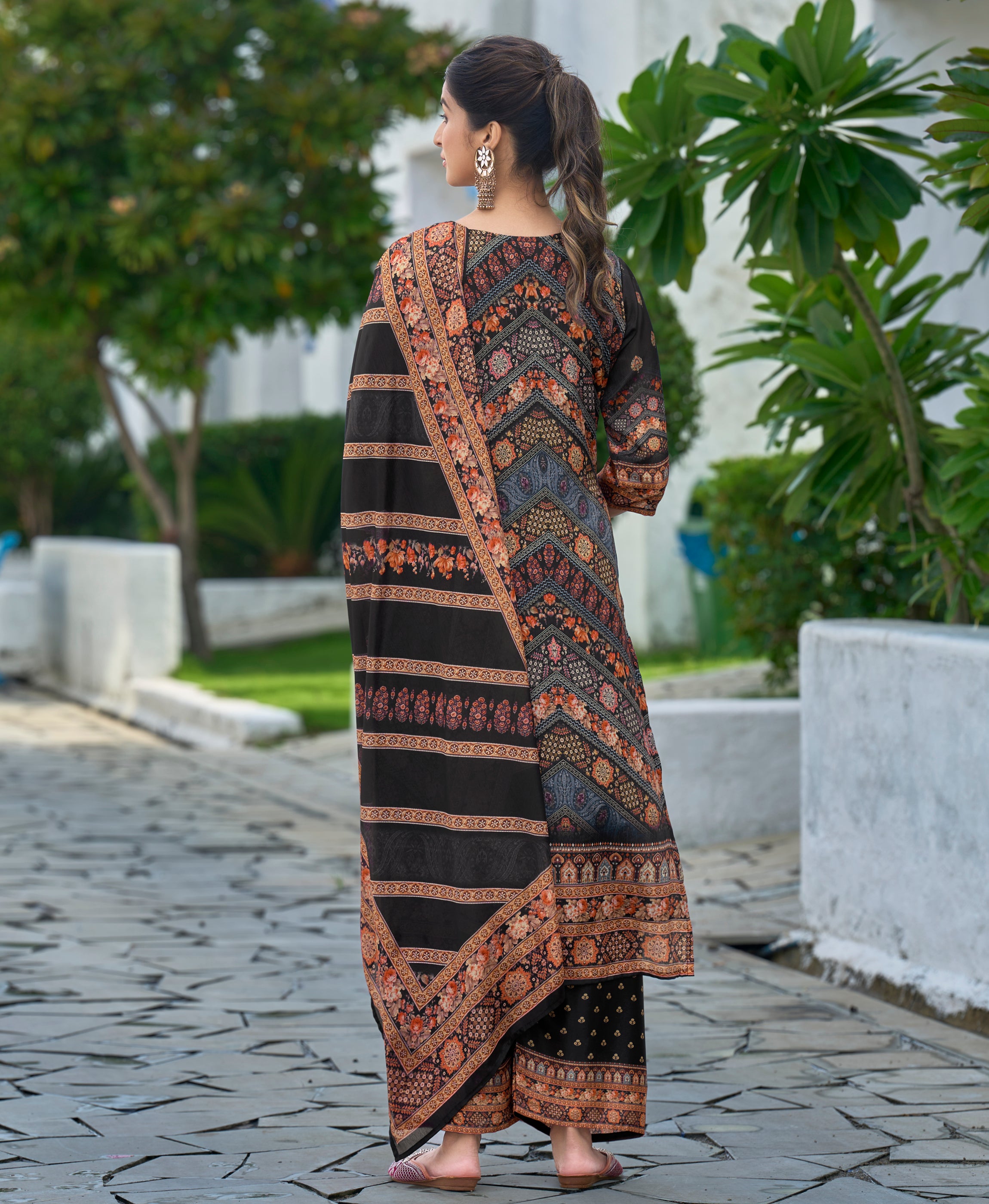Her Couture Women's Black Chinon Chiffon Abstract Printed Straight Kurta With Palazzo & Printed Dupatta