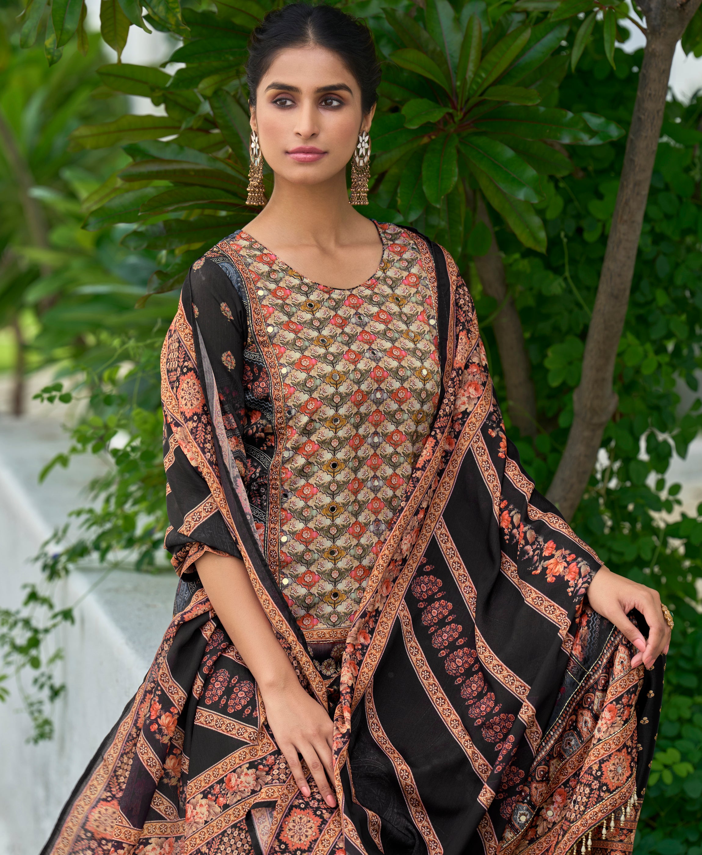 Her Couture Women's Black Chinon Chiffon Abstract Printed Straight Kurta With Palazzo & Printed Dupatta