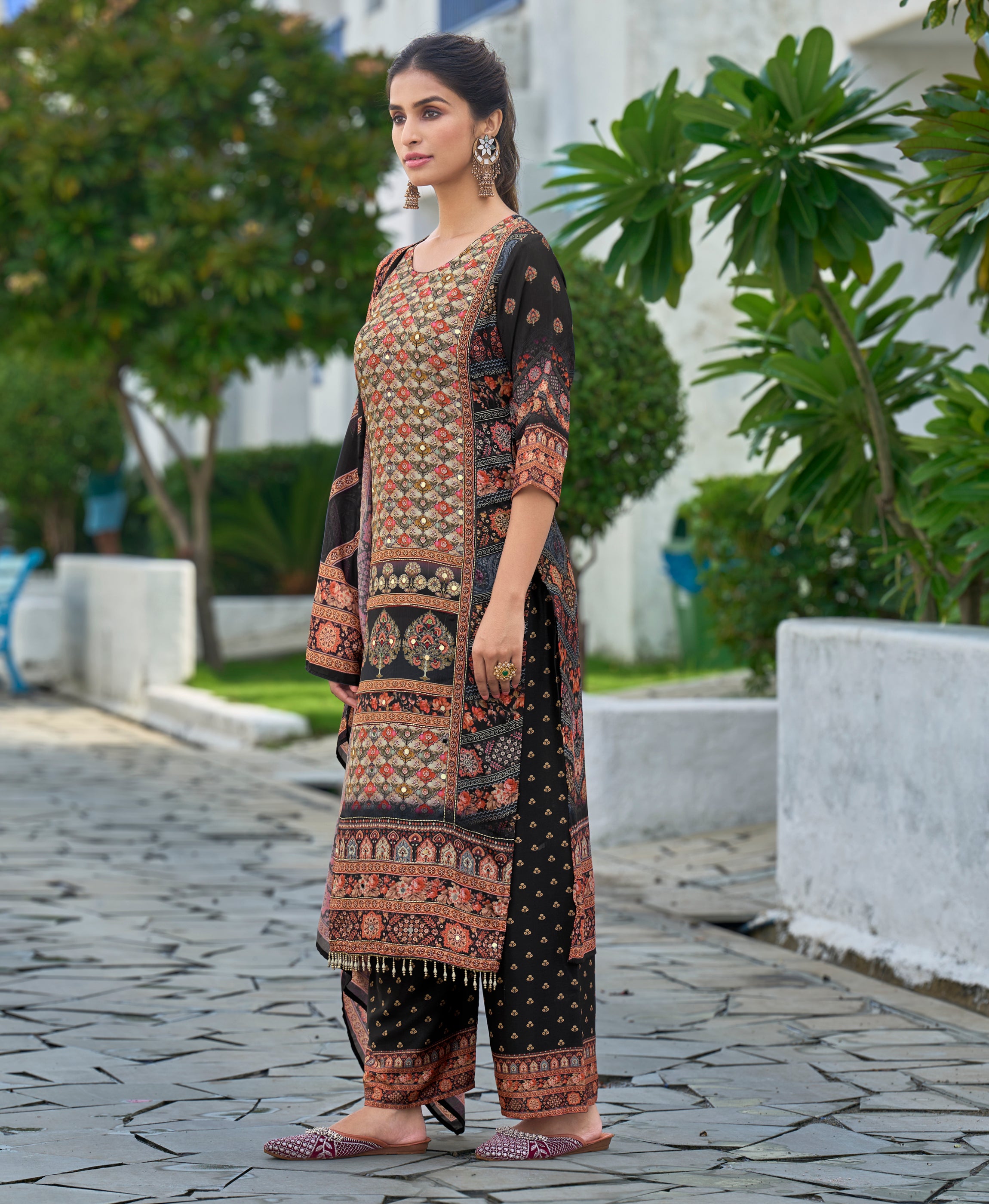 Her Couture Women's Black Chinon Chiffon Abstract Printed Straight Kurta With Palazzo & Printed Dupatta