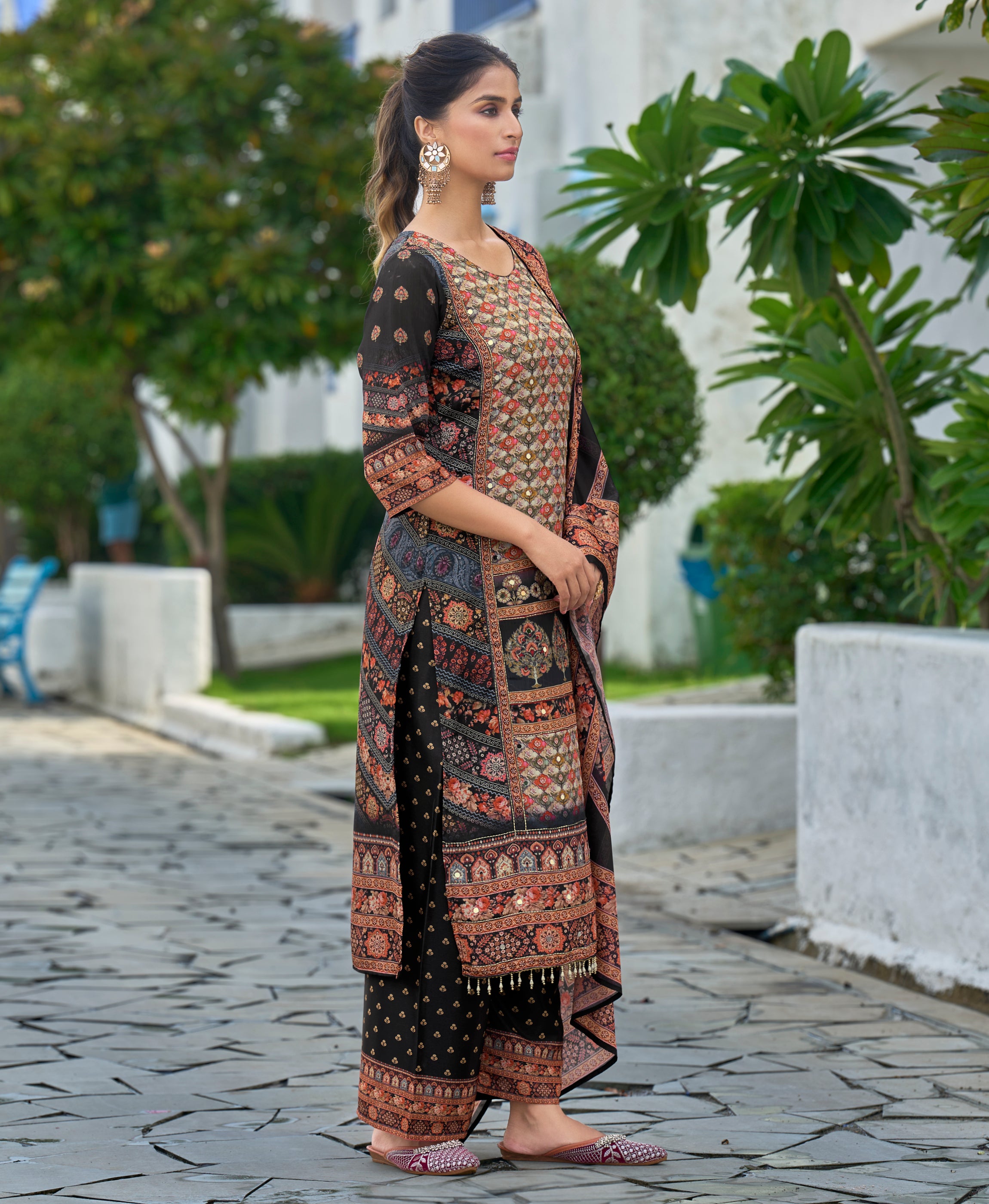 Her Couture Women's Black Chinon Chiffon Abstract Printed Straight Kurta With Palazzo & Printed Dupatta