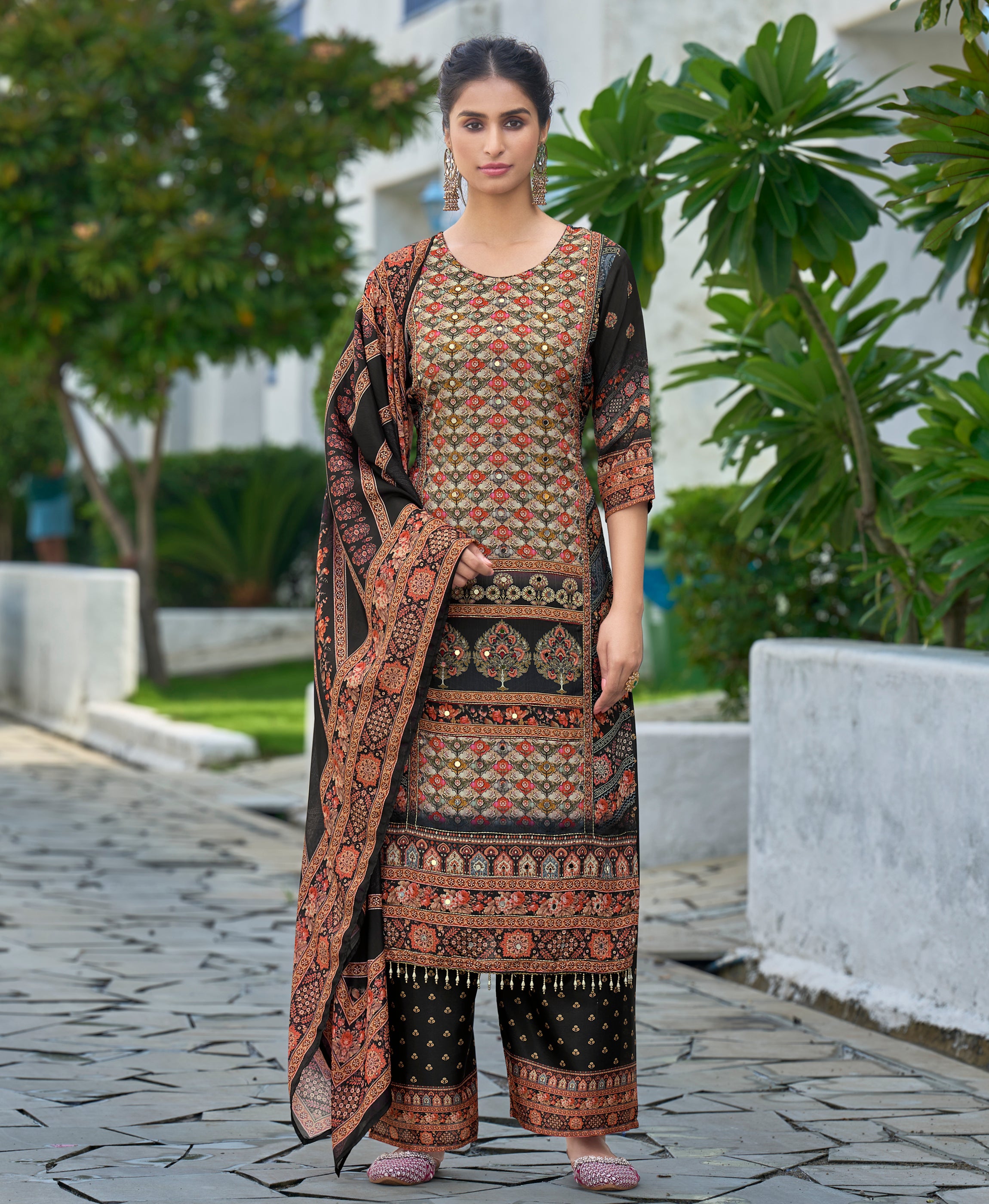 Black Chinon Chiffon Straight Festive & Party Kurta Set by Her Couture