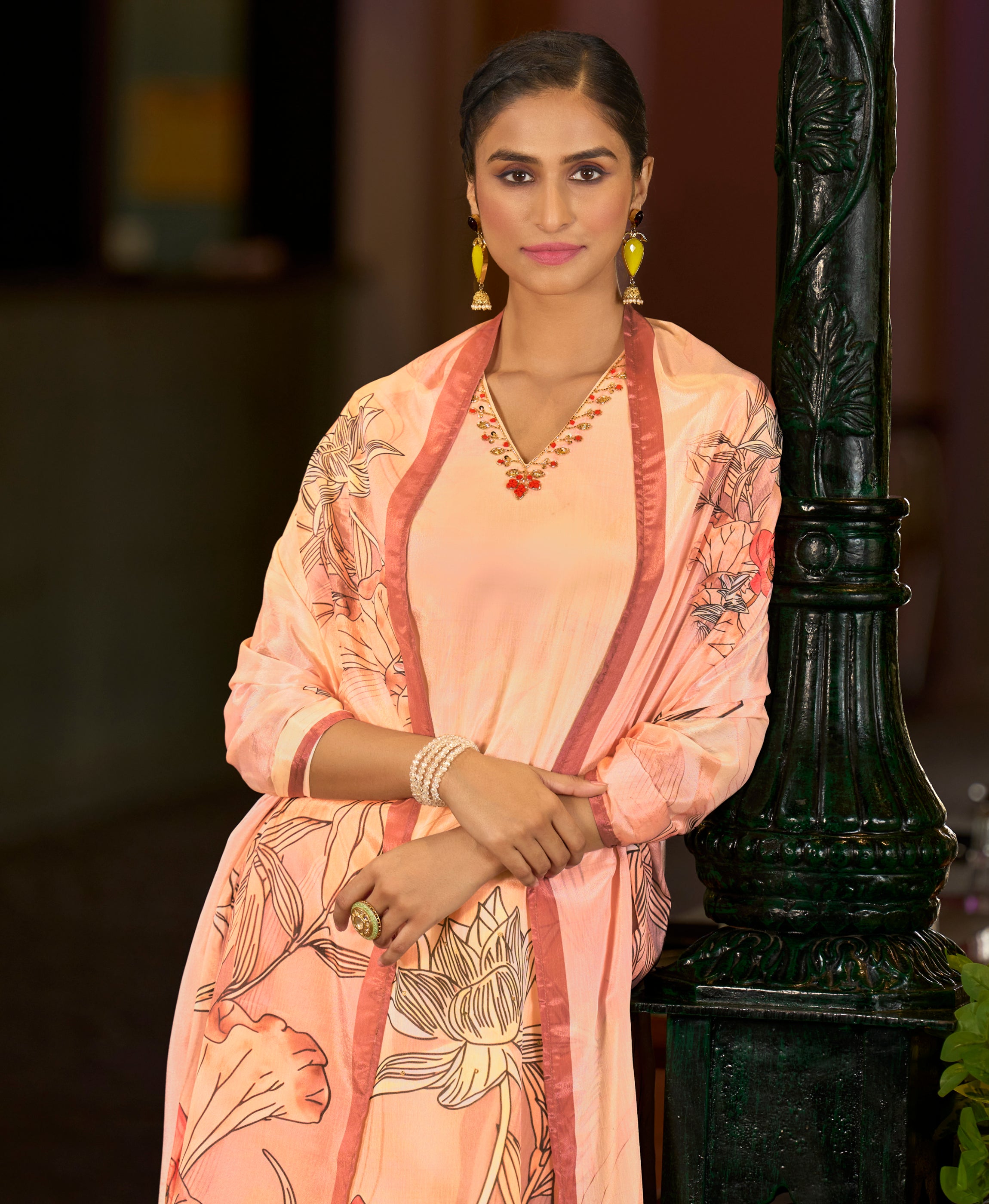 Her Couture Women's Peach Chinon Chiffon Floral Printed Straight Kurta With Comfort Fitting Pant & Printed Dupatta
