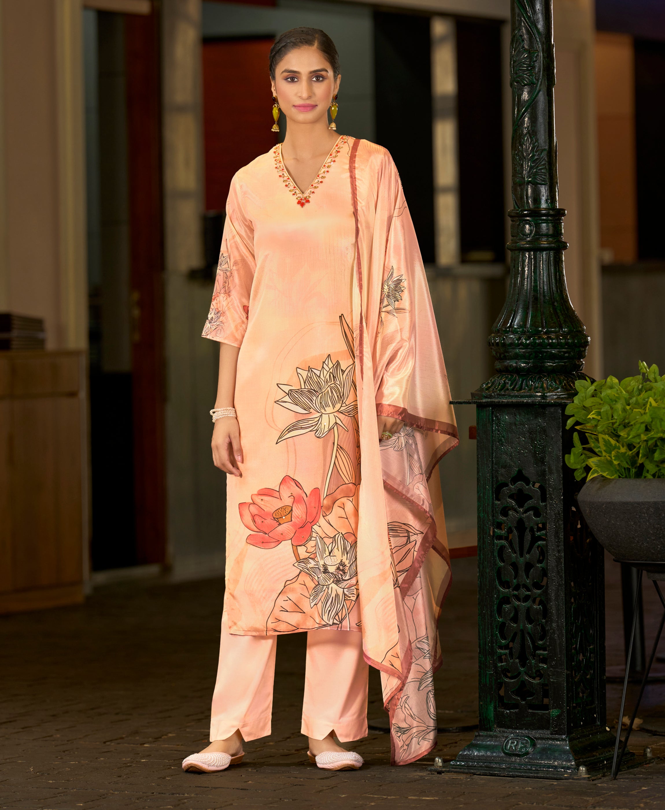 Peach Chinon Chiffon Straight Festive & Party Kurta Set by Her Couture