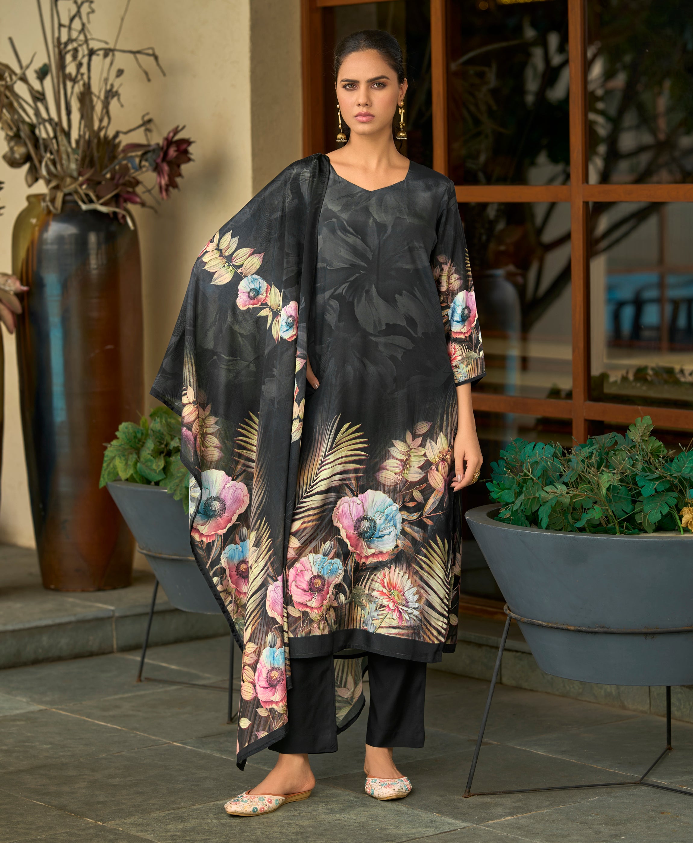Black Silk Crepe Straight Festive & Party Kurta Set by Her Couture