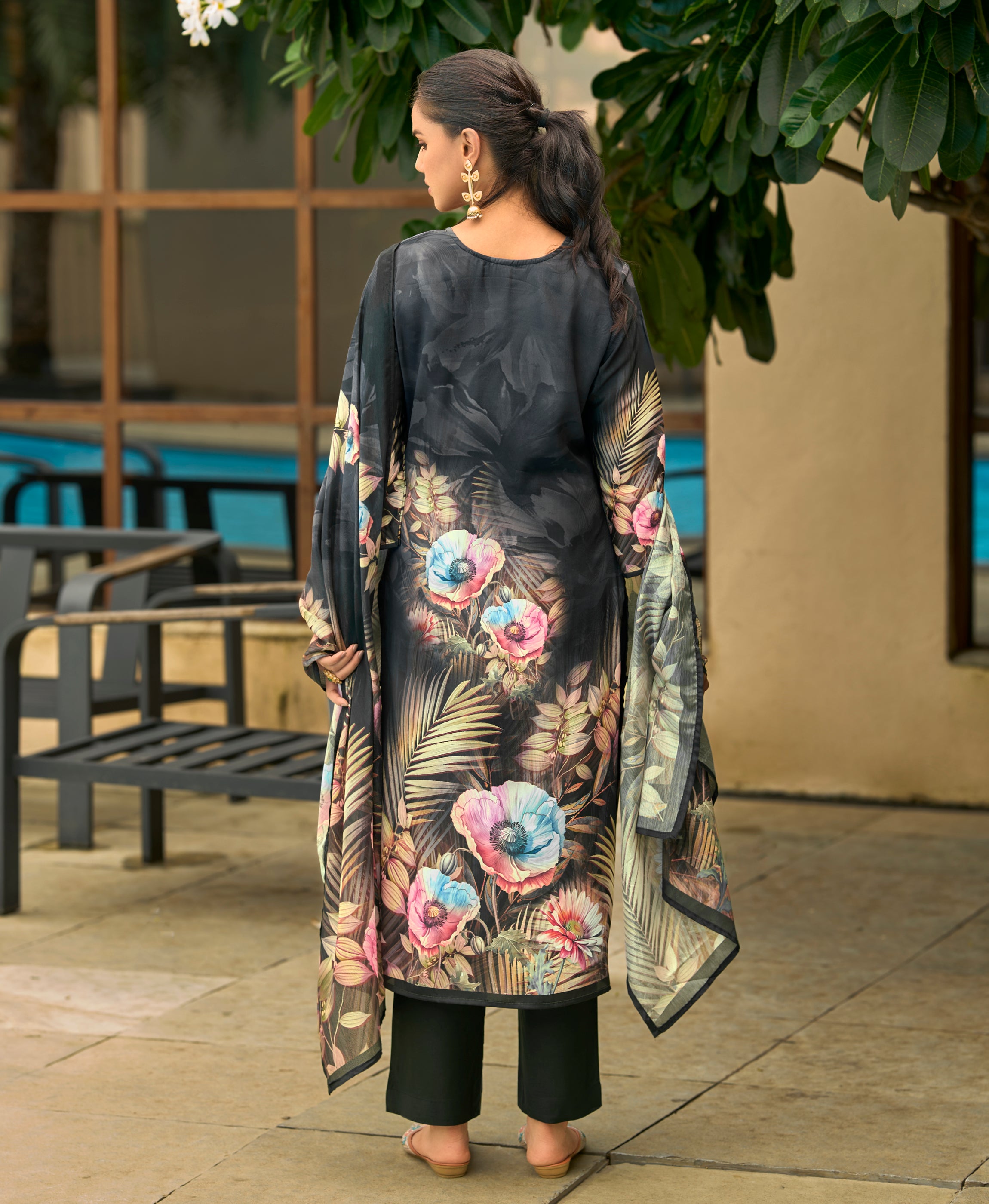 Her Couture Women's Black Silk Crepe Floral Printed Straight Kurta With Comfort Fitting Pant & Printed Dupatta