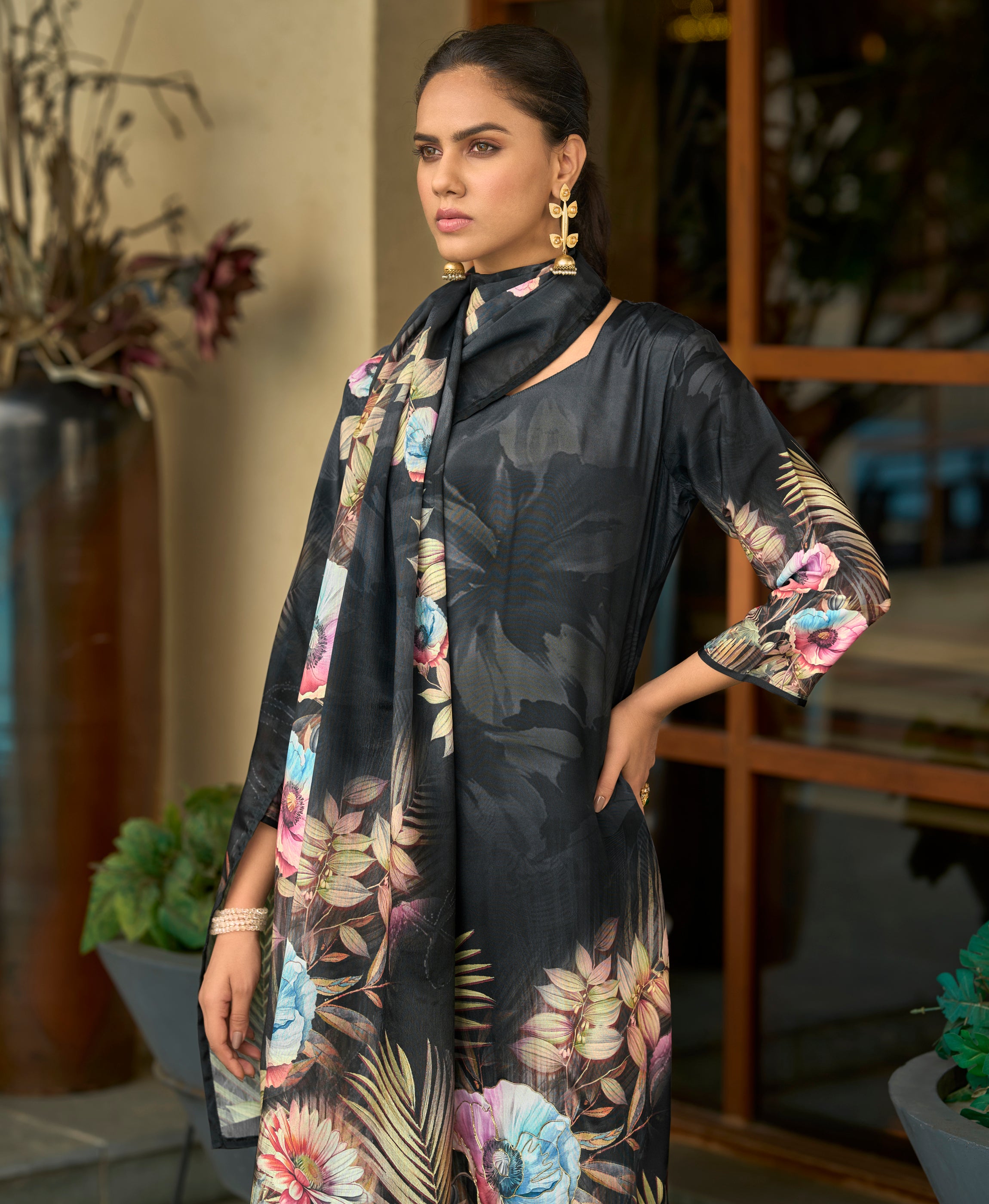 Her Couture Women's Black Silk Crepe Floral Printed Straight Kurta With Comfort Fitting Pant & Printed Dupatta