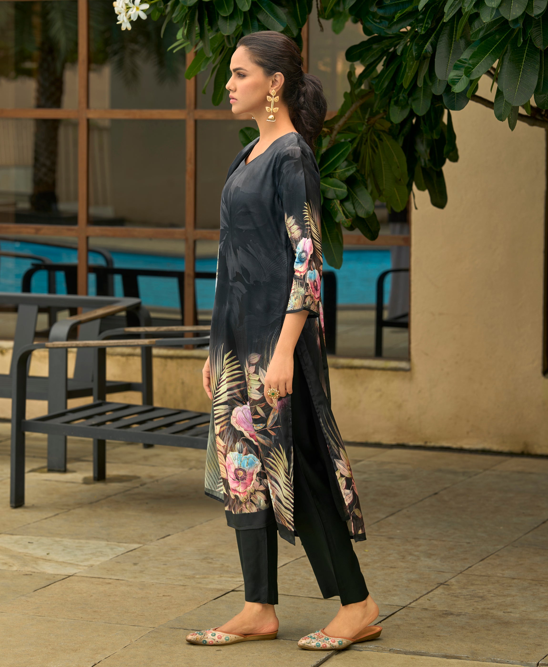 Her Couture Women's Black Silk Crepe Floral Printed Straight Kurta With Comfort Fitting Pant & Printed Dupatta