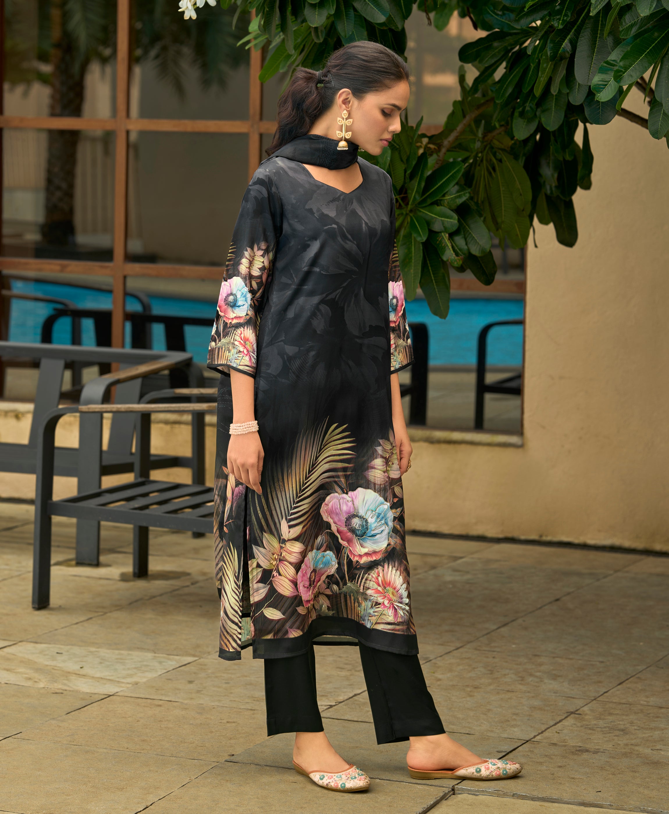Her Couture Women's Black Silk Crepe Floral Printed Straight Kurta With Comfort Fitting Pant & Printed Dupatta
